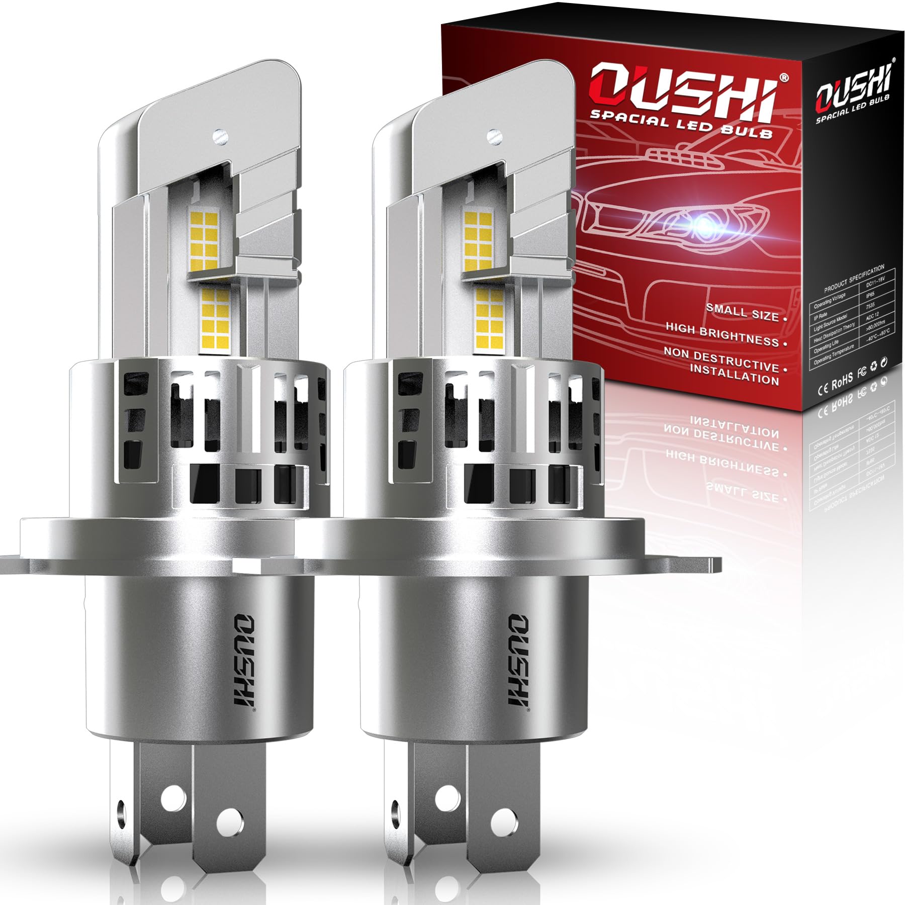 OUSHI Lampadine H4 LED, 600% 6500K Bianco Xenon 1:1 Mini Lampadine H4 LED con Ventola 100W 30000LM Lampadina 9003 HB2 Auto Moto Luce Abbagliante e Anabbagliante Sostituzione Kit (2 Pezzi)