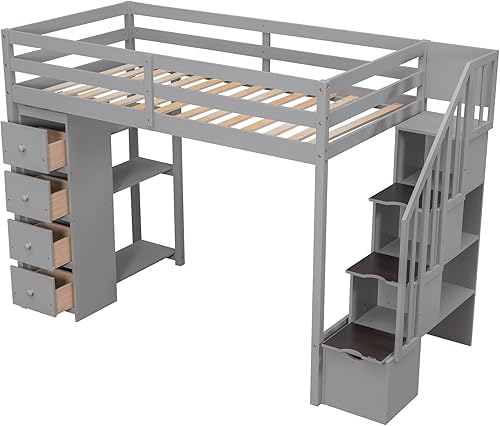 Miniatura 58 de Cama tipo loft de tamaño individual con 3 estantes, 2 armarios y 2 cajones, cama alta funcional con escalera de almacenamiento, marco de cama loft