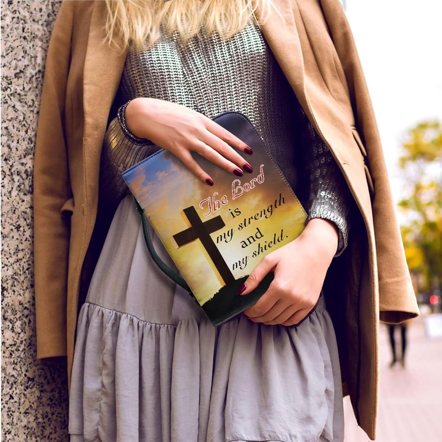 Kuiaobaty Leather Bible Covers for Women with 2pcs Bookmark Bible Carrier for Men Kids Sunset Cross Print Church Bag Large Bible Case Organizer with Handle Tote with Pen Slots and Multi Pocket