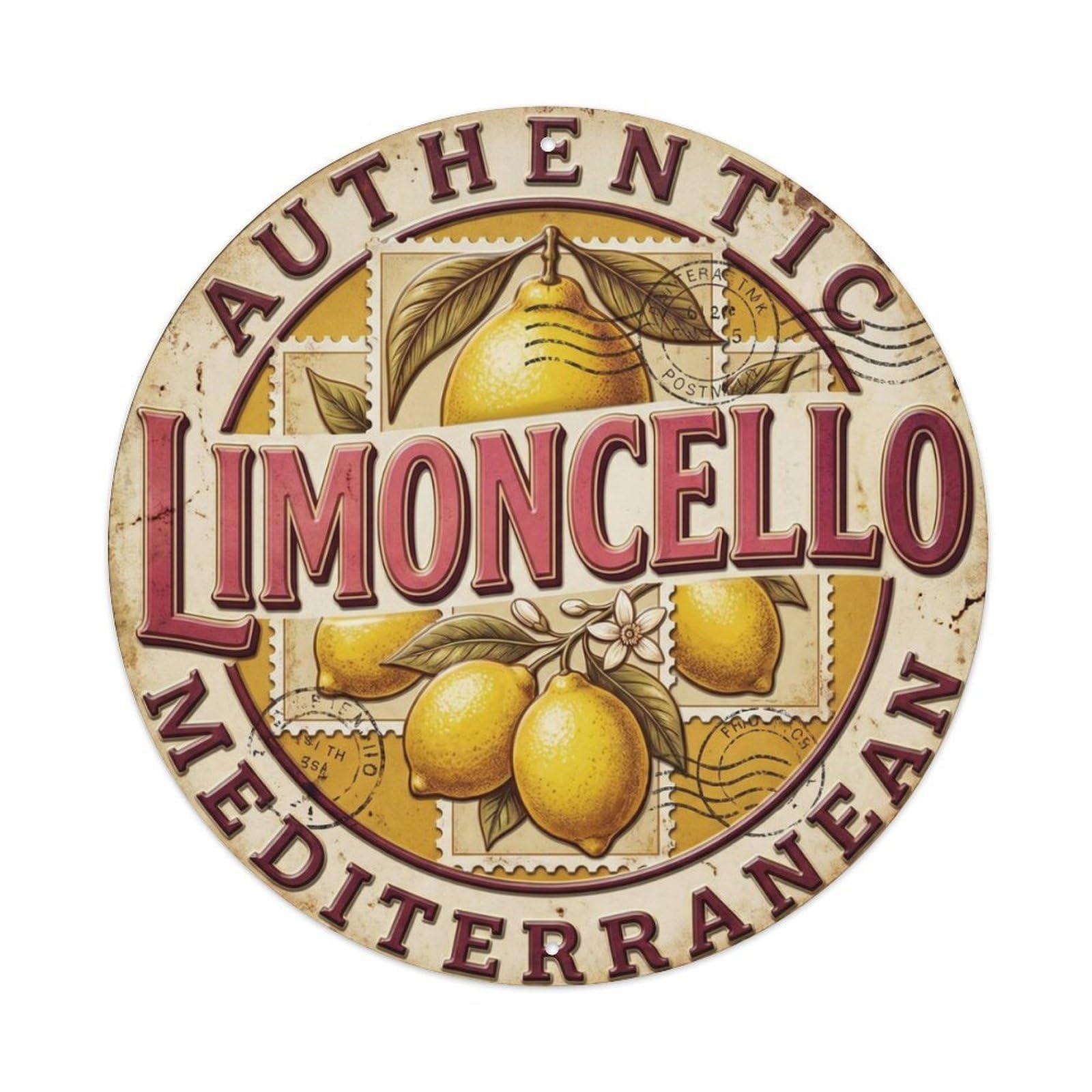 Authentic Mediterranean Limoncello Seal Metal Tin Sign Plaque Wall Decor for Cafe, Club Bar, Office, Home Garden Round Metal Poster 8x8Inch