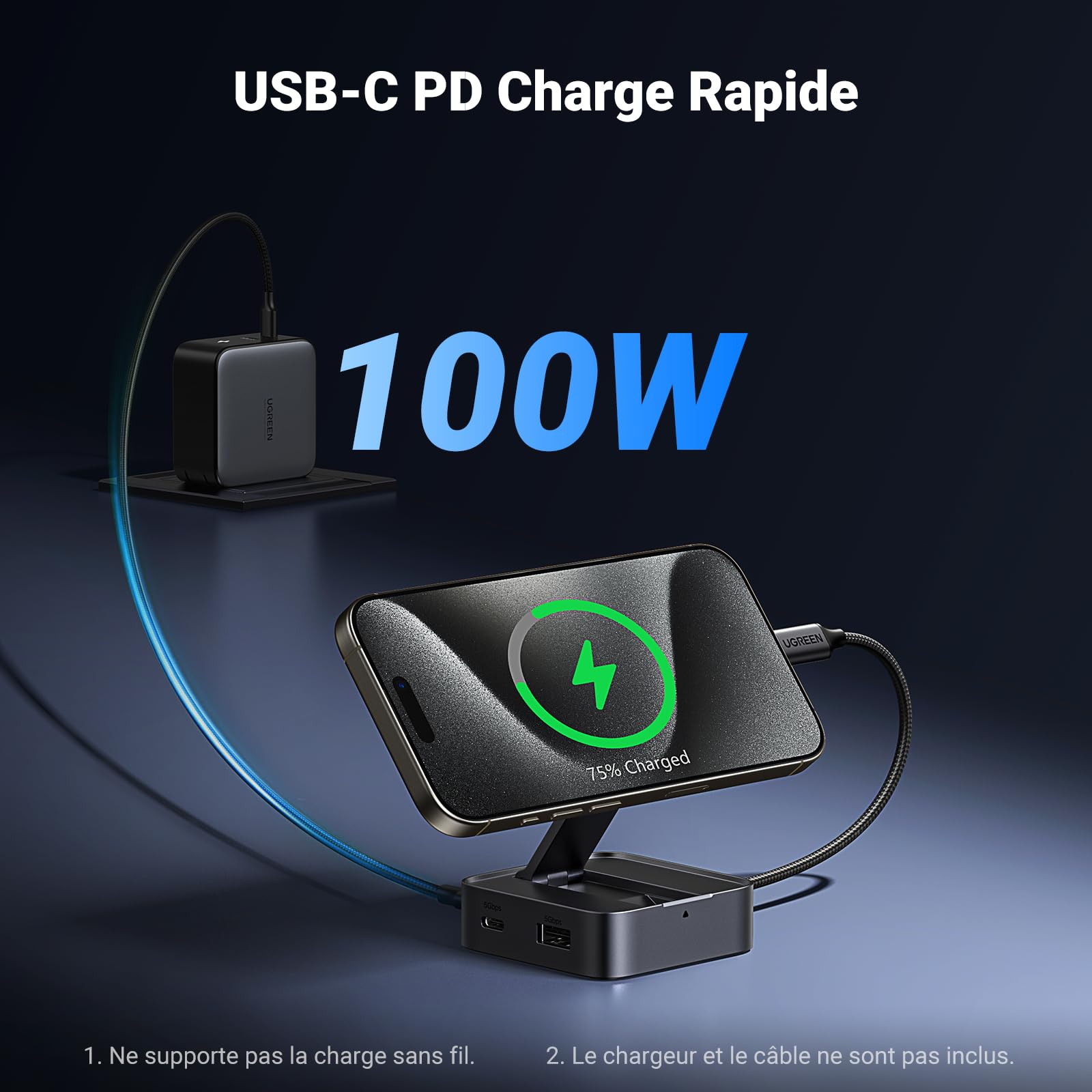 UGREEN Docking Station USB C Support Téléphone Magnétique Pliable | Hub USB C, Porte Smartphone Aimanté, HDMI 4K 60Hz, 5Gbps Transfert, PD 100W, Compatible avec MagSafe iPhone 17 16 15 Série