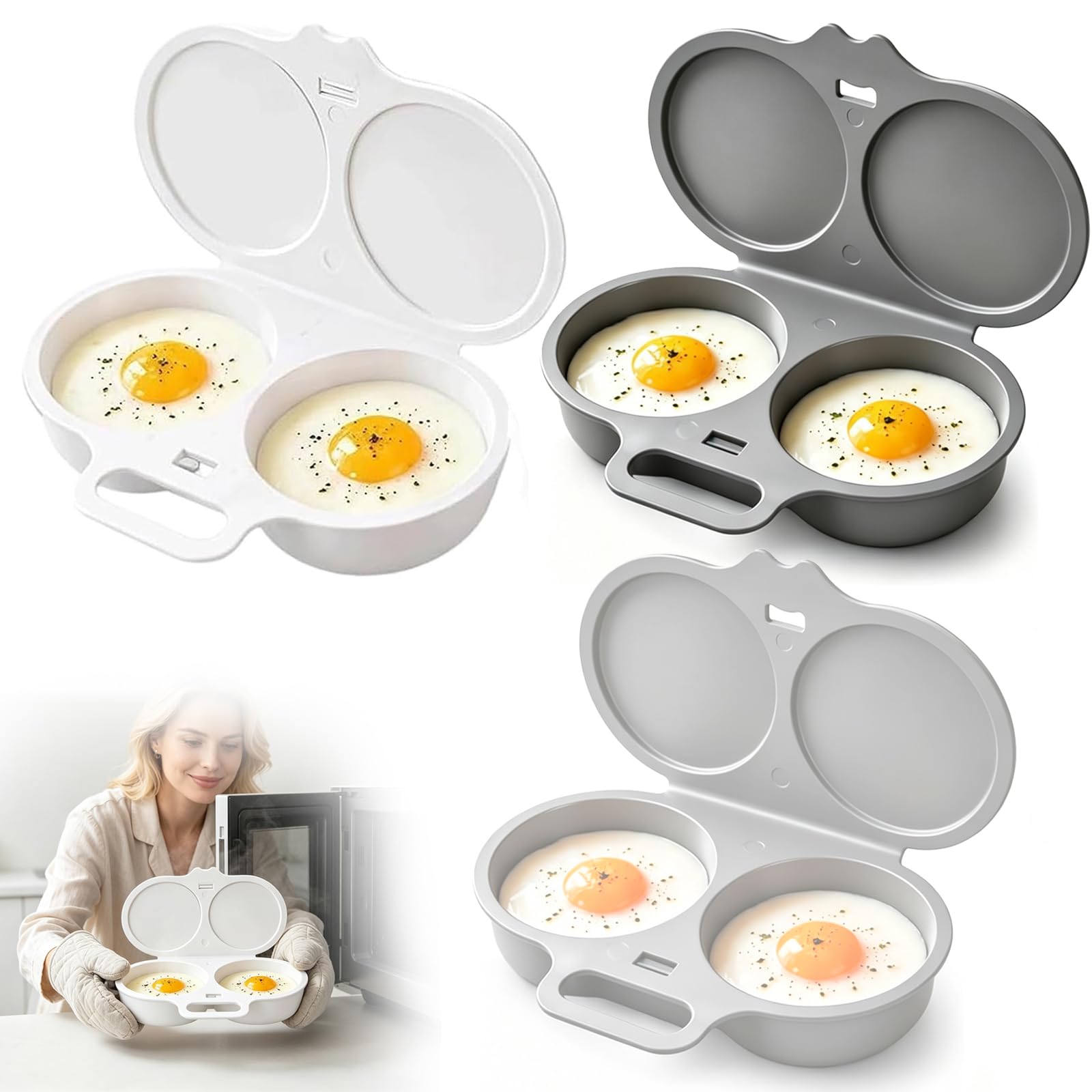 3PCS Microwave Egg Poachers,2 Cavity Poached Egg Maker with Lid and Handle, Space-Saving & Nonstick,BPA-Free Egg Boiler Cooker for Home Breakfast,Quick-Heat & Oil-Free,Small Kitchen Gadgets