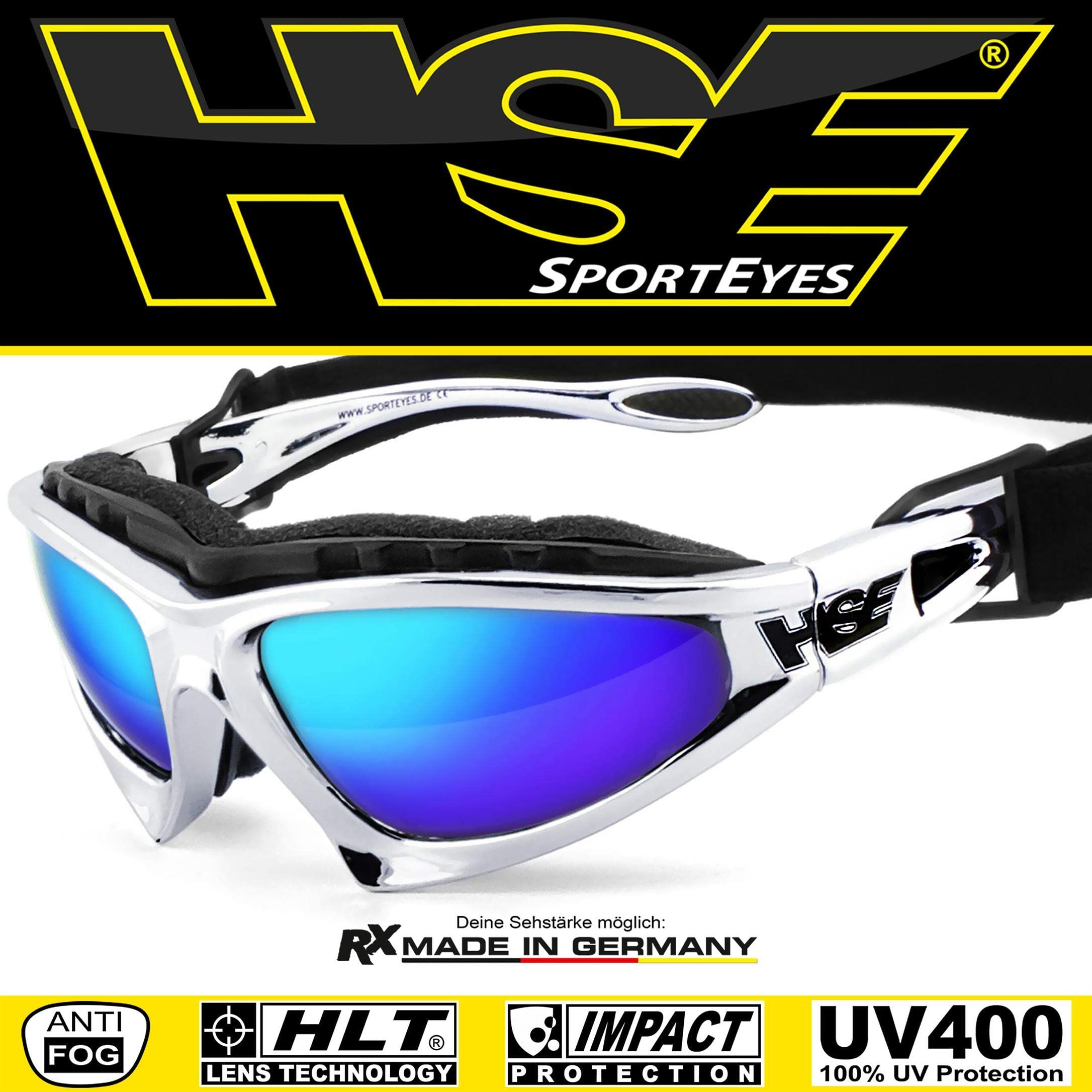 HSE SportEyes® | beschlagfrei, winddicht, HLT® Kunststoff-Sicherheitsglas nach DIN EN 166 | Sportbrille, Radbrille, Sonnenbrille | Brille: 2050 (blau verspiegelt - Chrom)