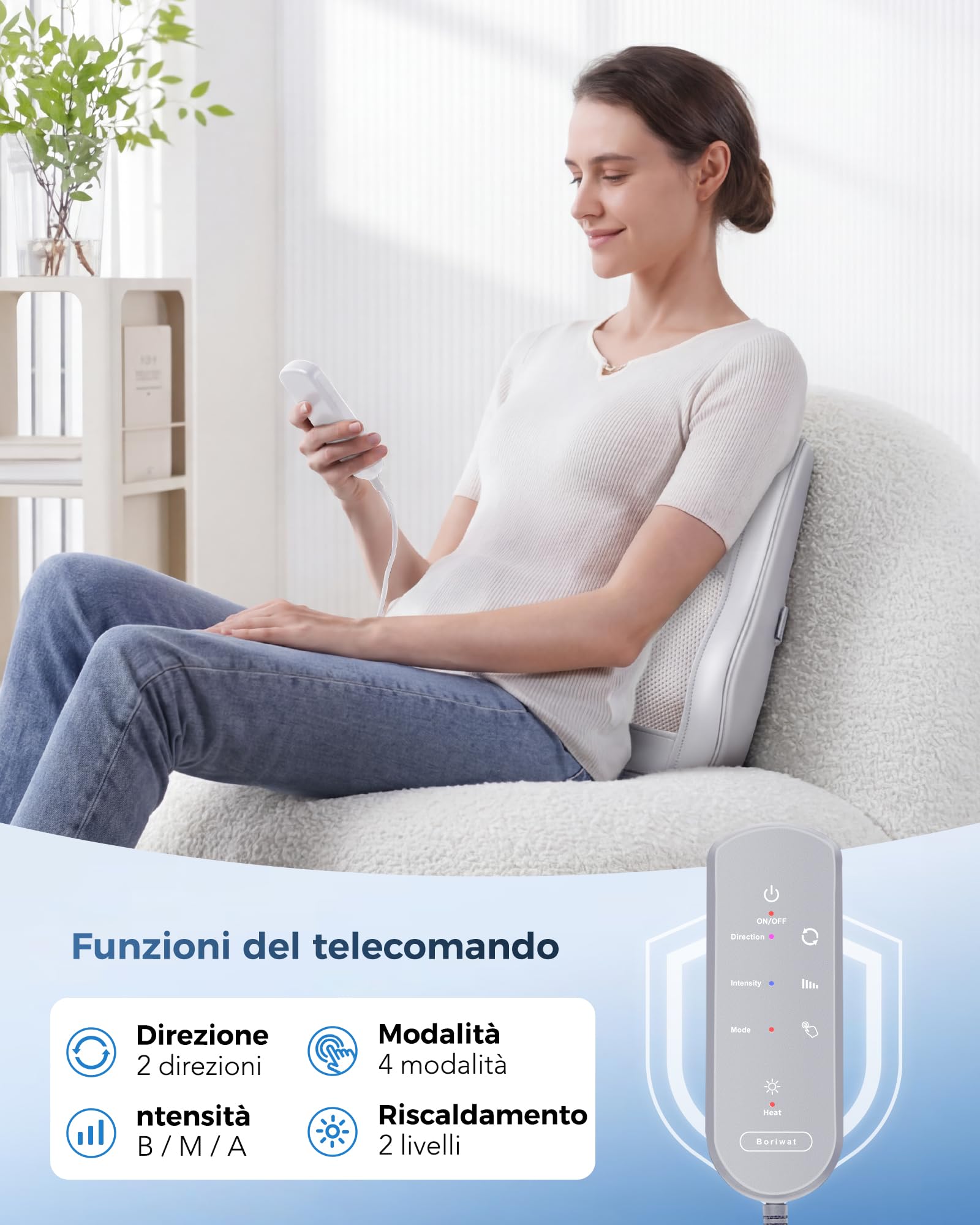 Boriwat Massaggiatore Schiena con Calore per Schiena, Collo, Spalle, Gambe | 3D Cuscino Massaggiante Impastamento Sollievo Dolore Tessuti Profondi, Casa e Ufficio, Regali Donna Uomo(Grigio chiaro）