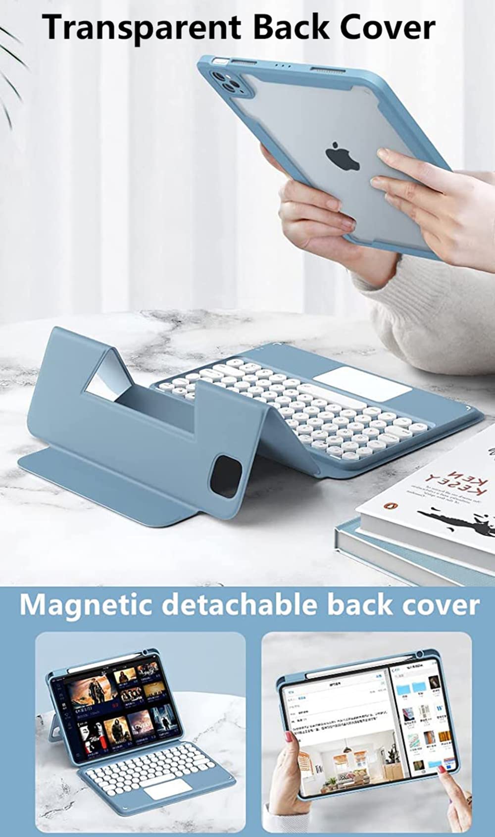 Etui na klawiaturę do iPad 10,9 cala Air 5th Gen / 4th Gen 2022/2020 z touchpadem Pozioma/pionowa podstawa Magnetyczna, odłączana klawiatura Bluetooth Slim Clear Back Cover,Mist blue
