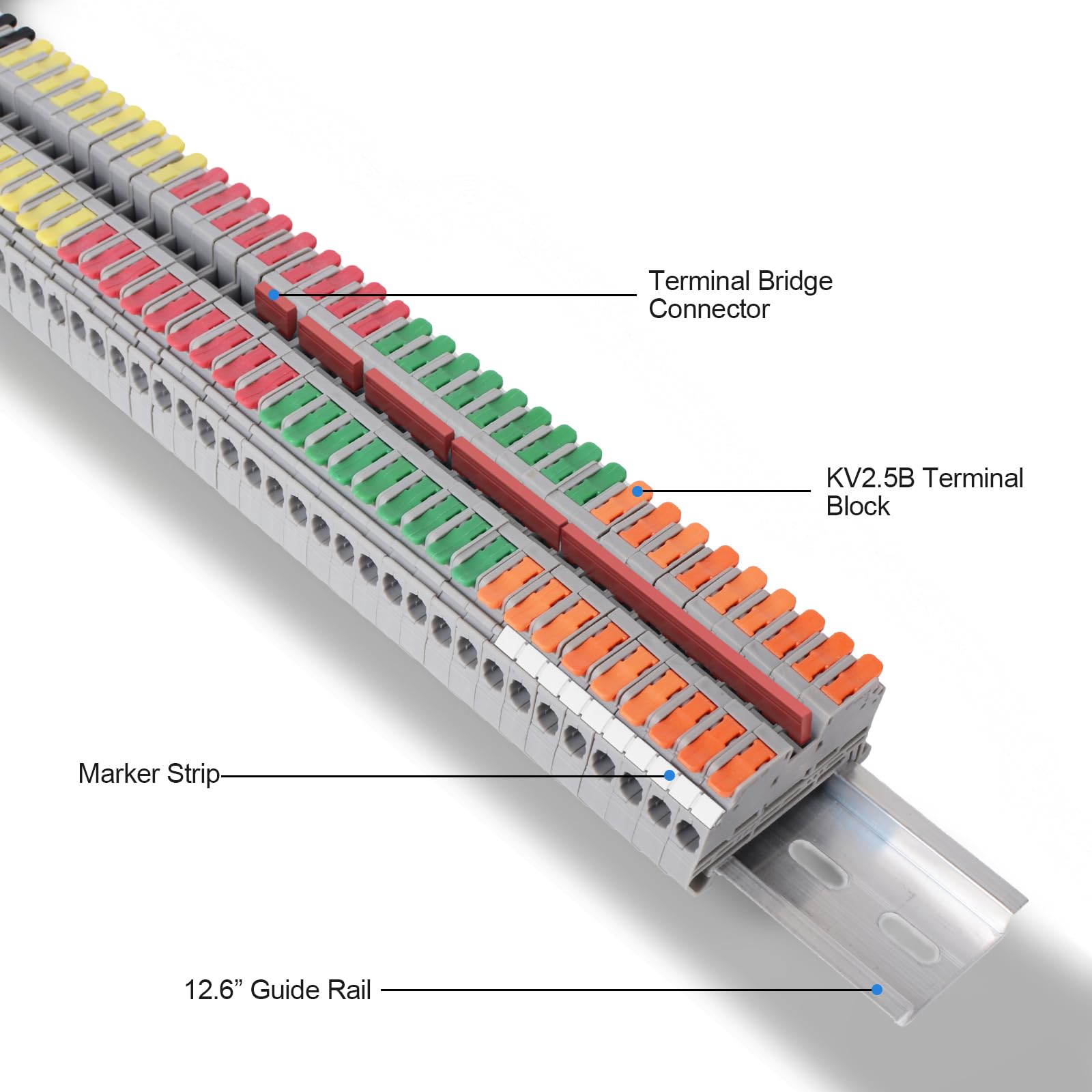 Zestaw bloków zacisków, zacisk napięcia typu binarnego, KV2.5B 600V 32A 28-12 AWG Kompaktowe złącza dźwigniowe do kabli, w zestawie szyna DIN, szybkie połączenie przewodów, zestaw bloków zacisków