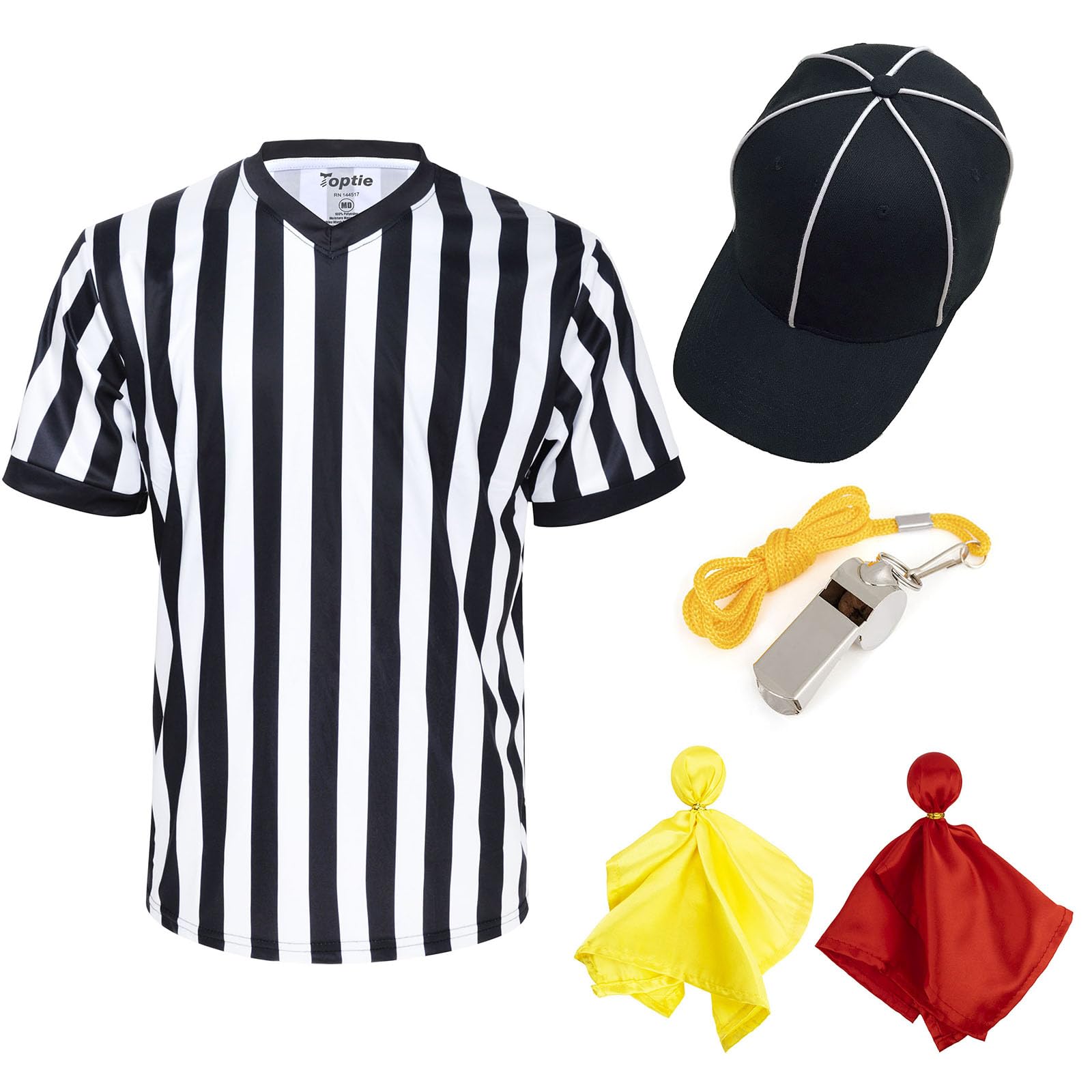 TopTie 5PCS Men's V-Neck Referee Shirt Set Umpire Jersey Referee Cap and Whistle Yellow Red Penalty Flag-3XL