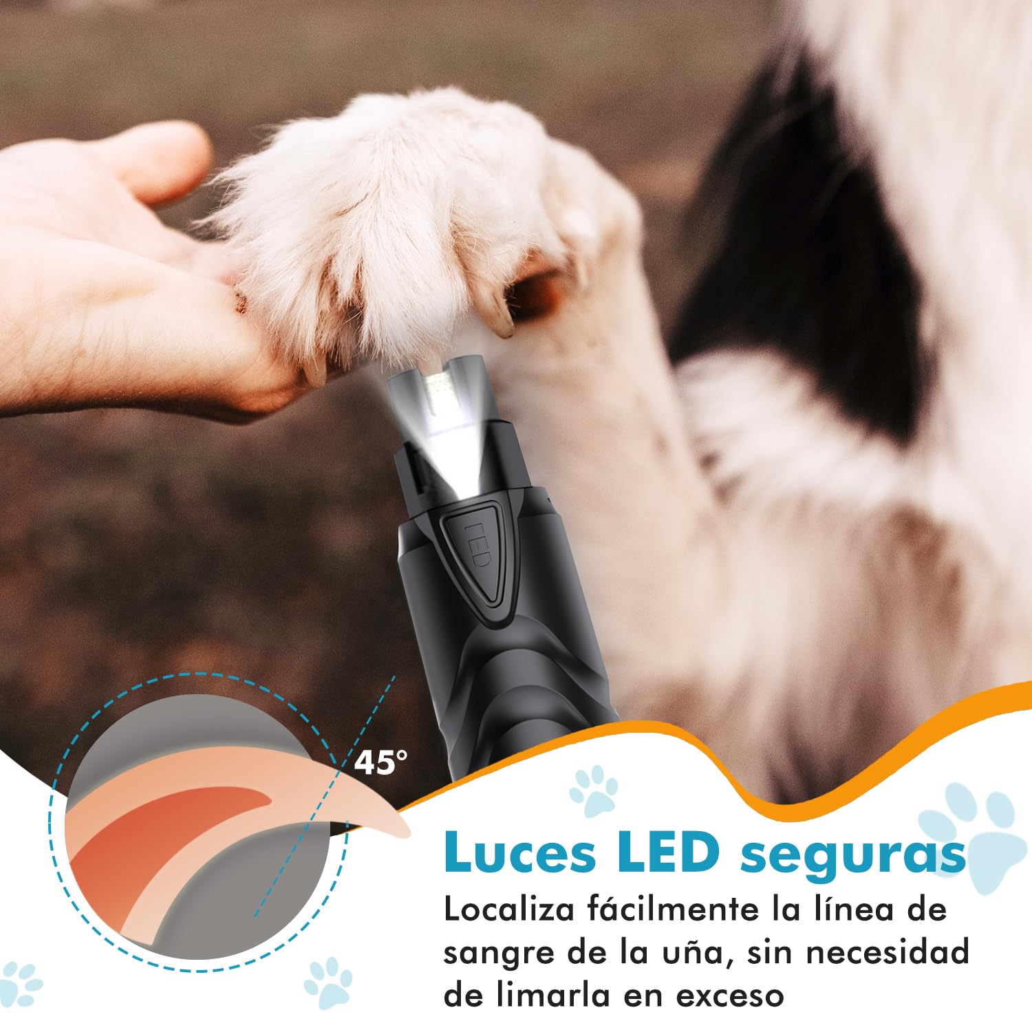 ETENTOUS Lima Uñas Perro Eléctrica, Último Lima para Perros Profesional con 3 Conexiones(con Cortauñas), 2 Velocidades con Luz Led, Lima de Uñas Electrico Perros Grandes, Medianos, Pequeños