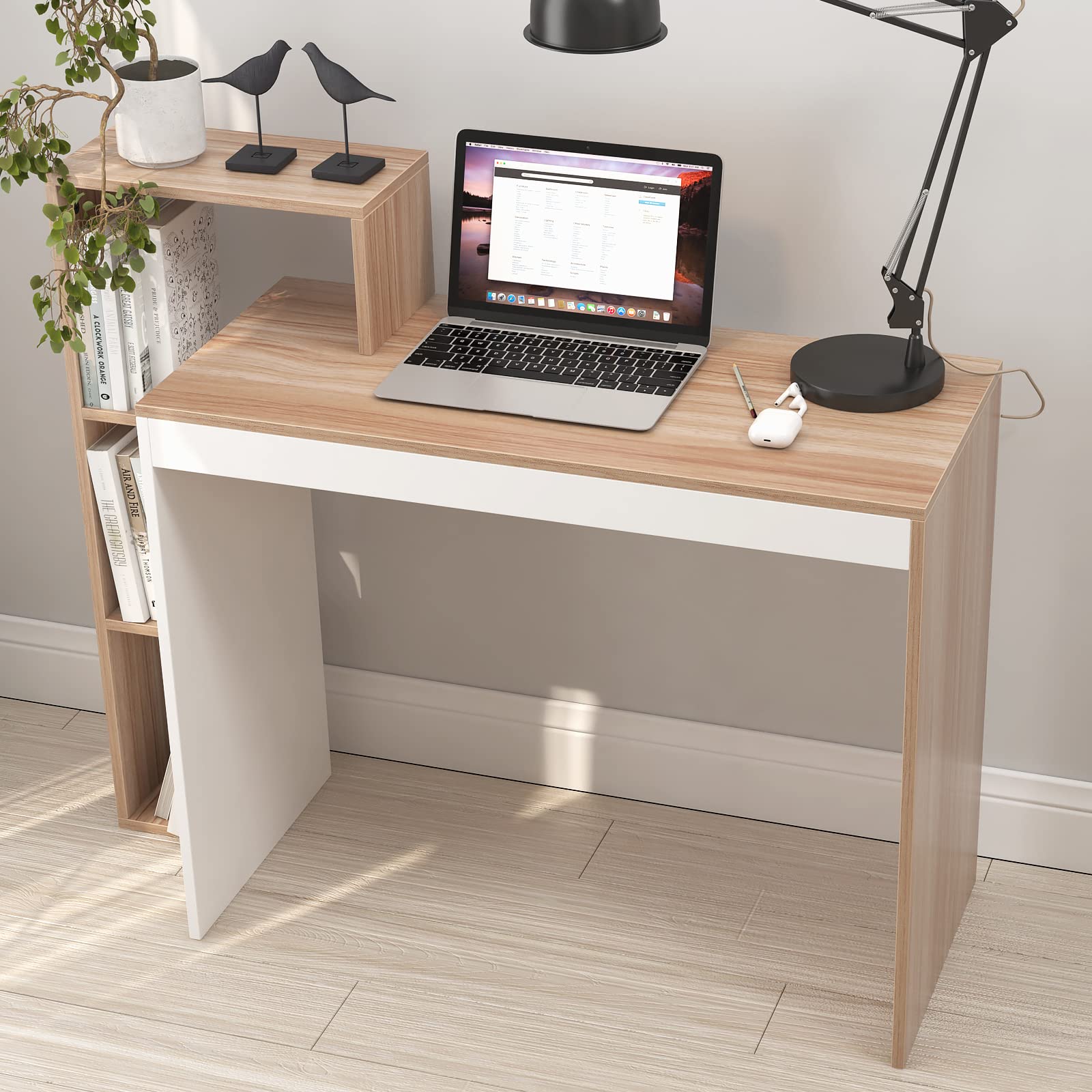 sogesfurniture BHEU-SZKST-BD-TW - Scrivania per computer portatile con ripiani, 110 x 40 x 91 cm, in teak e bianco