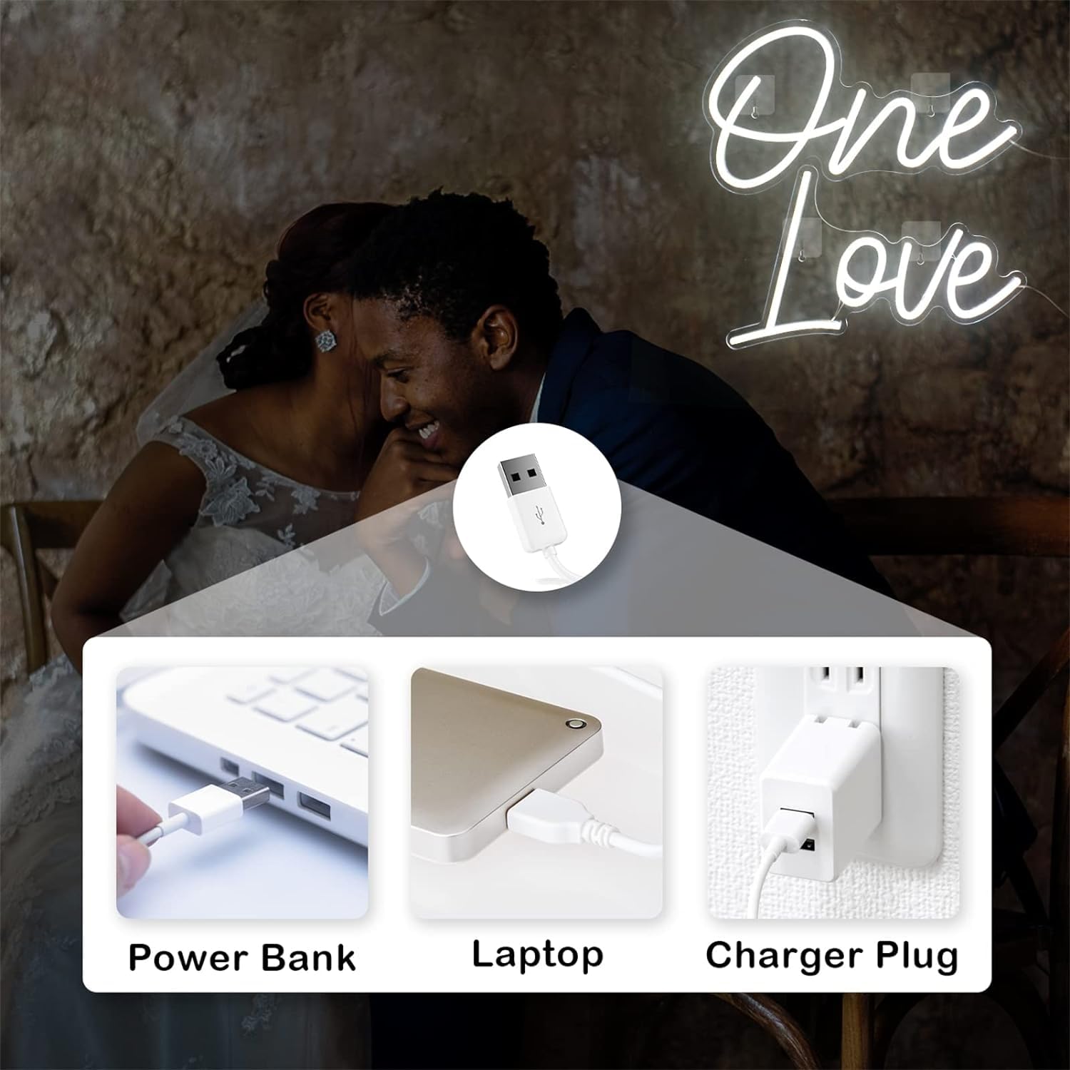 Znak neonowy LED Niestandardowe neony One Love, dekoracje weselne USB Białe neony LED, wiszące na ścianie lampki nocne Szyld świetlny