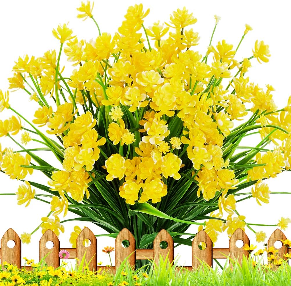 TEMCHY Artificial Daffodils Fake Flowers, 4 Bundles Yellow UV Resistant Faux Greenery Foliage Plants Shrubs for Garden, Wedding, Outside Hanging Planter, Farmhouse Indoor Outdoor Decor