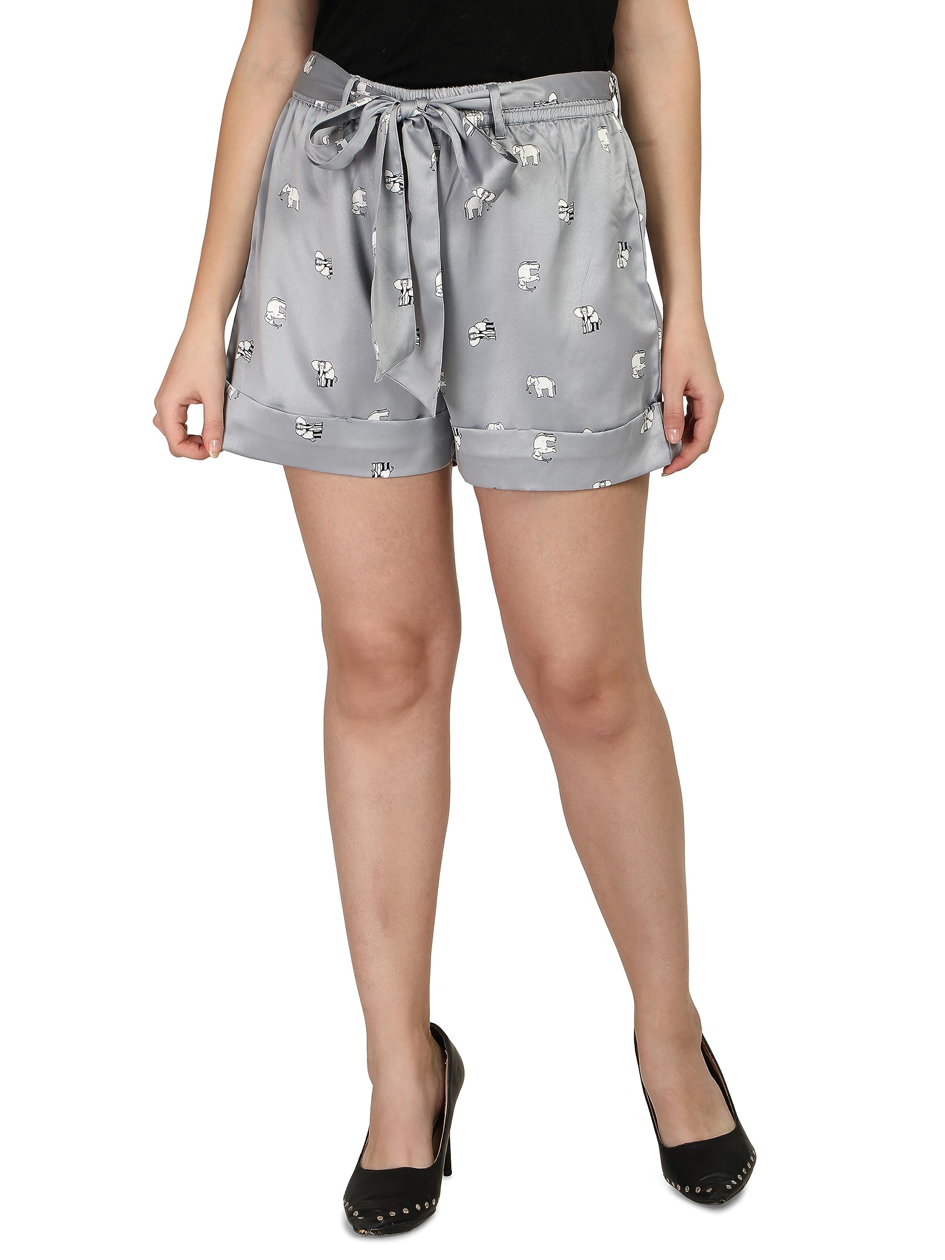 Women's Silk Satin Quirky elephent Print Shorts.-image-44