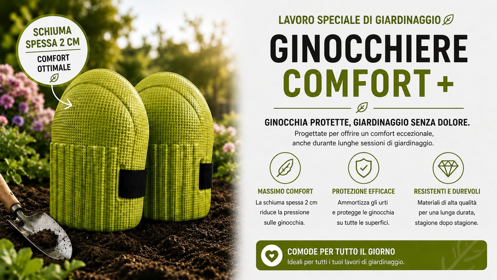 Kit da giardinaggio ergonomico – Sgabello pieghevole + 12 attrezzi in acciaio inossidabile + borsa + guanti + ginocchiere – Giardinare senza dolore alla schiena o alle ginocchia