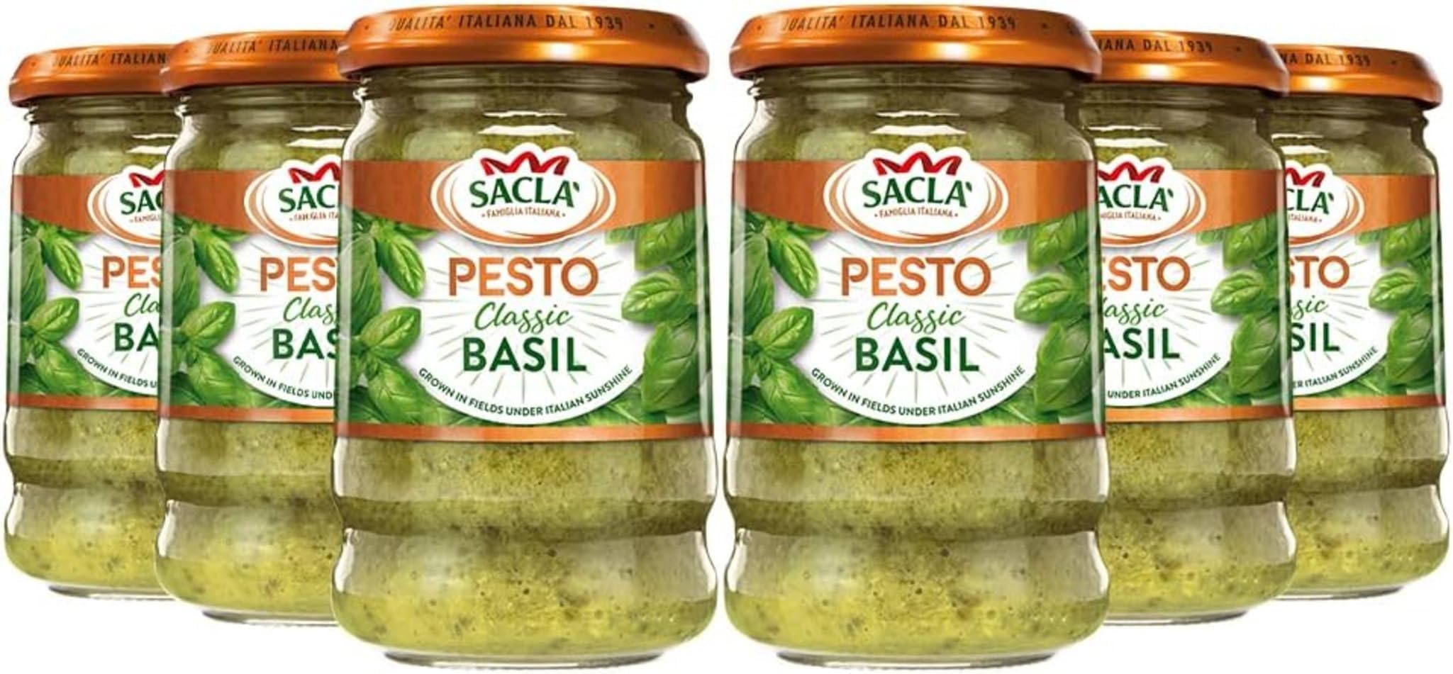 Italian Basil Pesto - Perfect with Pasta, Pizza, Garlic Bread and Tagliatelli - Made with Fresh Basil Leaves, Italian Cheeses and Pine Nuts - 190g (Pack of 6)