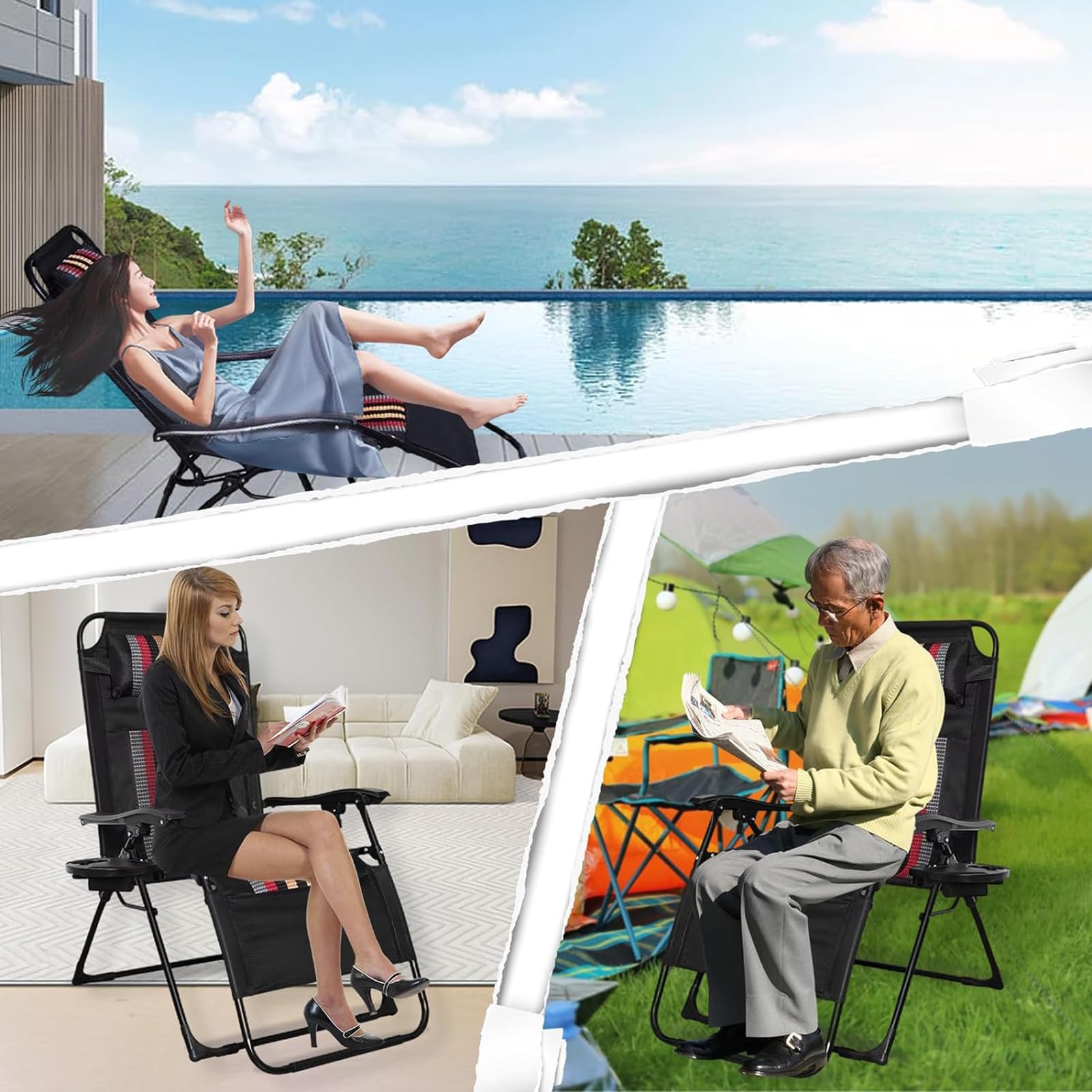 Chaise Longue Jardin Extérieur, Chaise Longue Pliante avec Appui-tête et Porte-Gobelet, Chaises Longues Jardin Extérieur, Transat Pliant pour Balcon, Terrasse, Patio, Bande avec Coussin