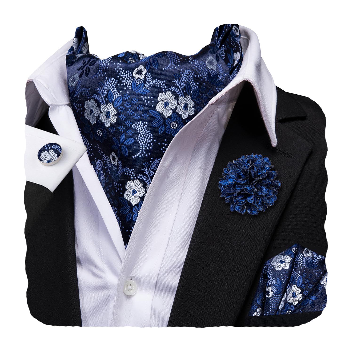 Hi-Tie Silk Ascot for Men Self Tie Men's Cravat and Flower Lapel Pin Handkerchief Cufflinks Set for Wedding Party