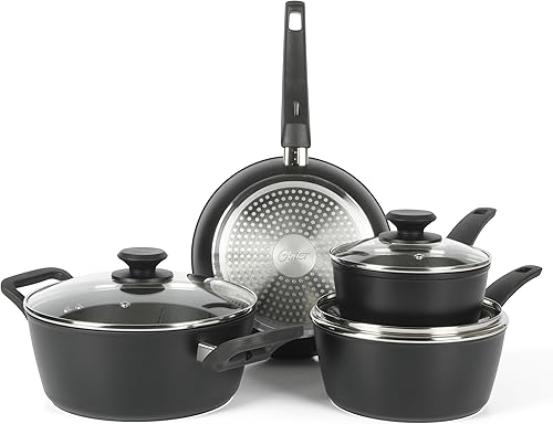 Oster Connelly - Juego de ollas y sartenes antiadherentes de aluminio de alta calidad, con inducción y mango de baquelita, color negro