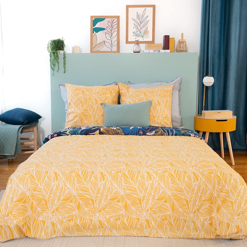 CÔTE DECO Parure de Lit 240x260cm Feuilles Tropicales Bleu Coton - 3 pièces | 1 Housse de Couette Adulte 240x260cm + 2 Taies d'Oreiller 63x63 cm - Feuilles Tropicales