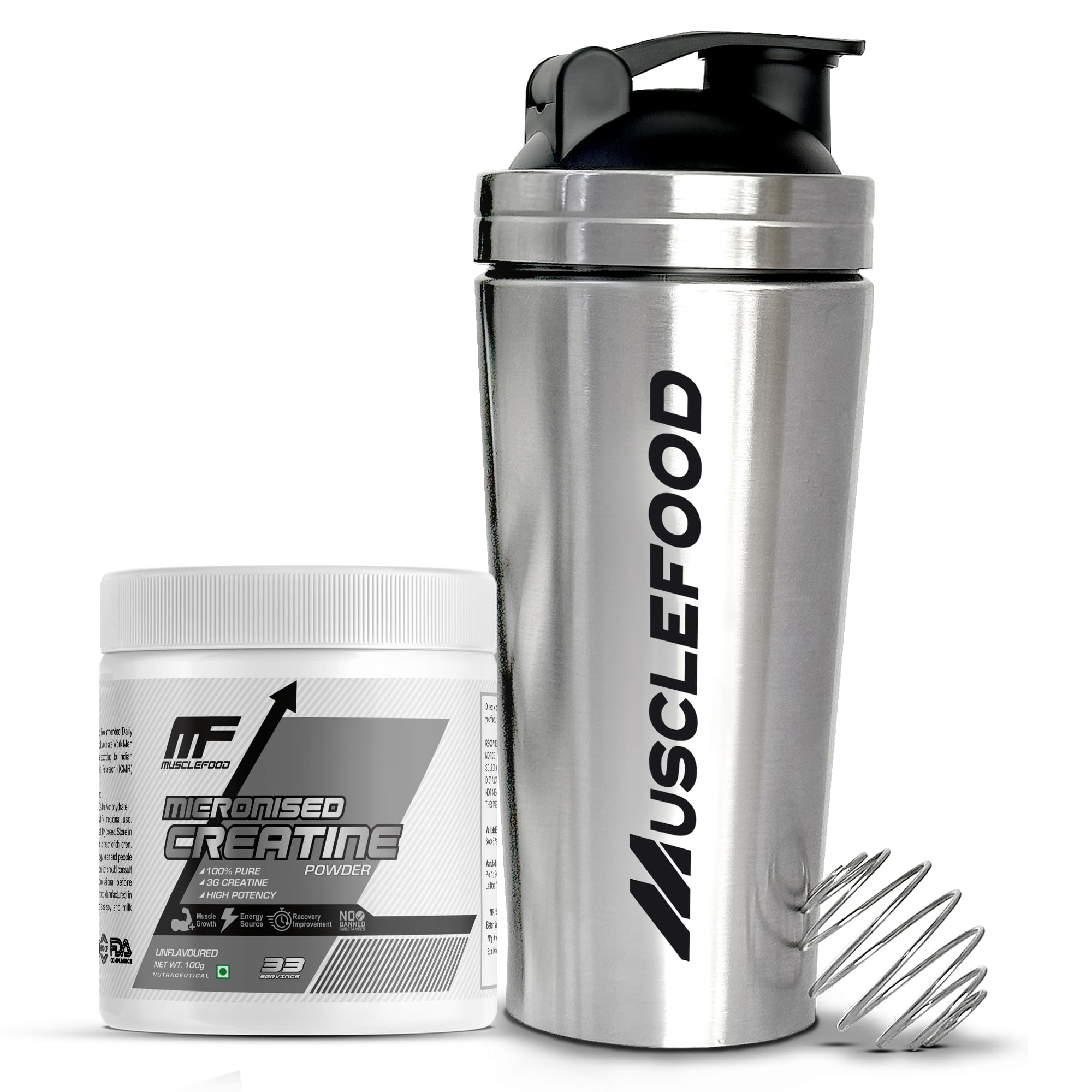 Classic Steel Shaker with Micronised Creatine Powder Combo | Stainless Steel Gym Shaker Bottle with Mixing Ball | 100% Pure Creatine for Strength & Muscle Growth