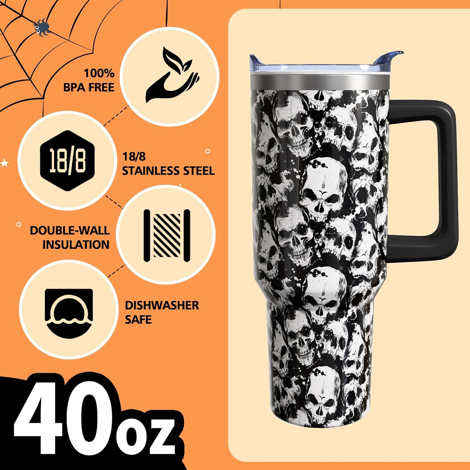 Skull Halloween Gifts for Women Men, Goth Horror Stainless Steel Insulated Travel Coffee Cup, 40 Oz Tumbler with Handle and Straw, Holiday Birthday Water Bottle (1 PC) - Image 4