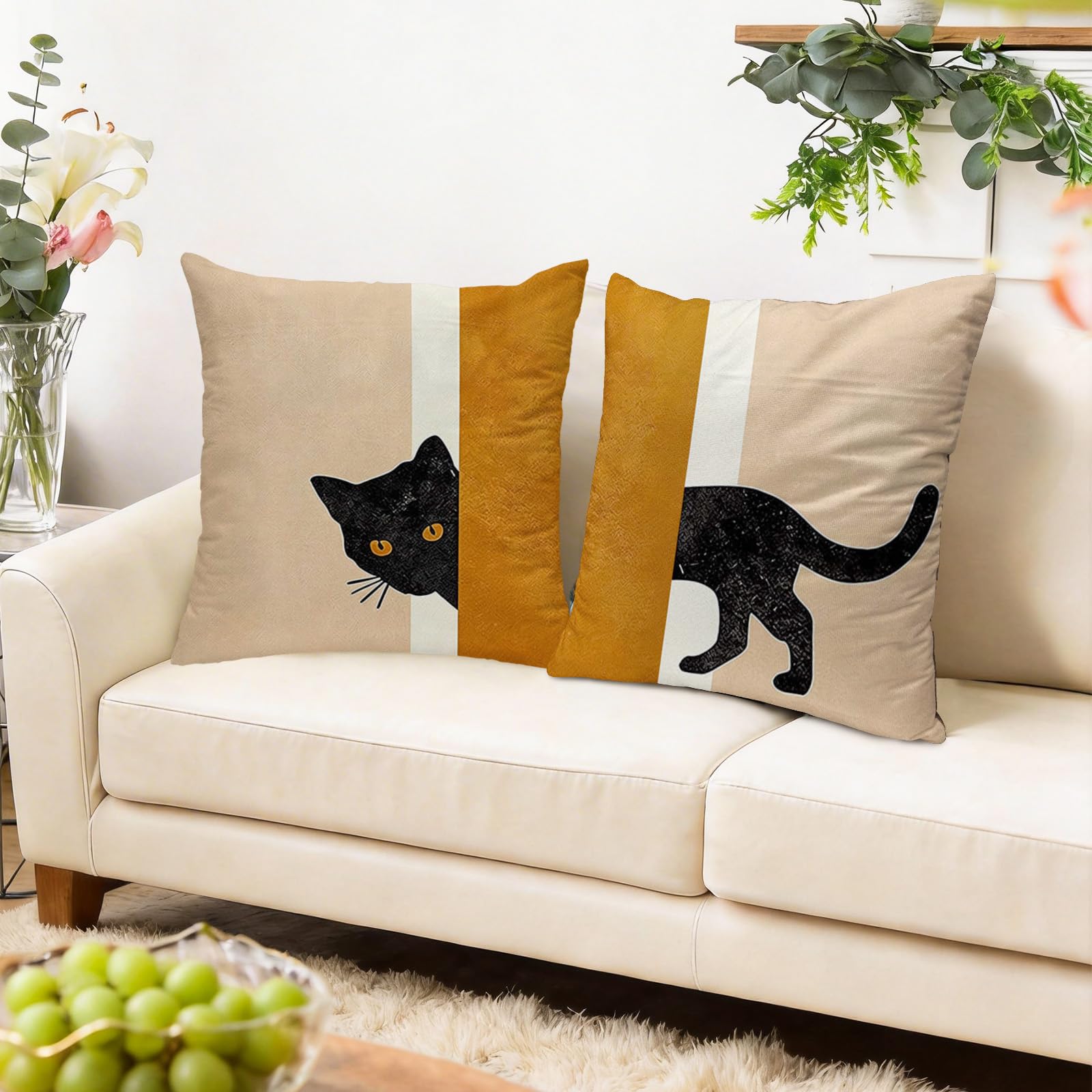 Gemdoit Cushion Covers 45 x 45 cm Pack of 2 Black Cat Striped Throw Pillow Covers 18x18 Square Sofa Cushions for Living Room Home Decor