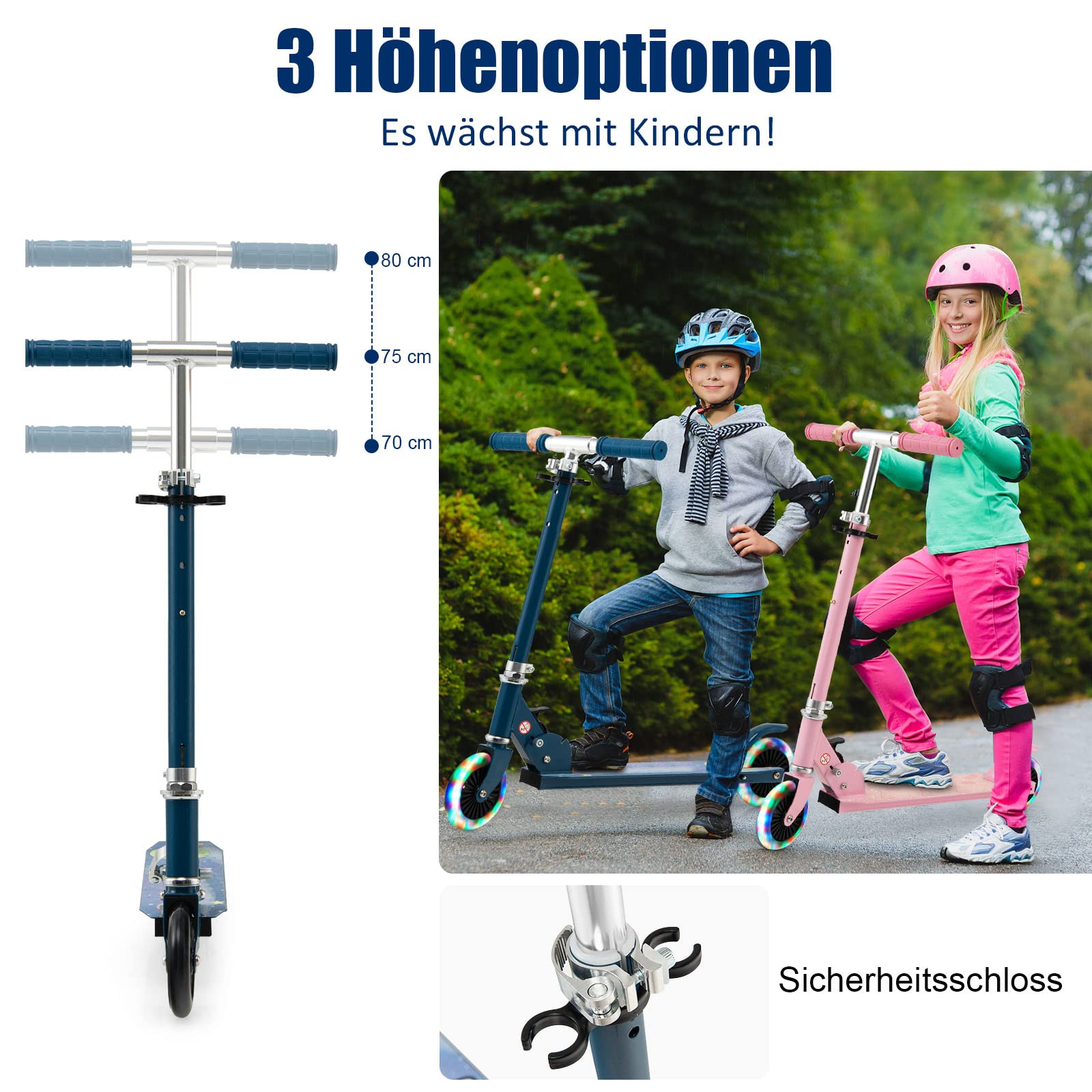 GOPLUS Roller Kinder 3 Jahre, 3-Stufig höhenverstellbarer Kinderroller, Kinder Scooter mit LED Rädern & Hinterradbremse, klappbarer Kickscooter mit/ohne Tragegurt & Ständer, Leichter Aluminium-Roller