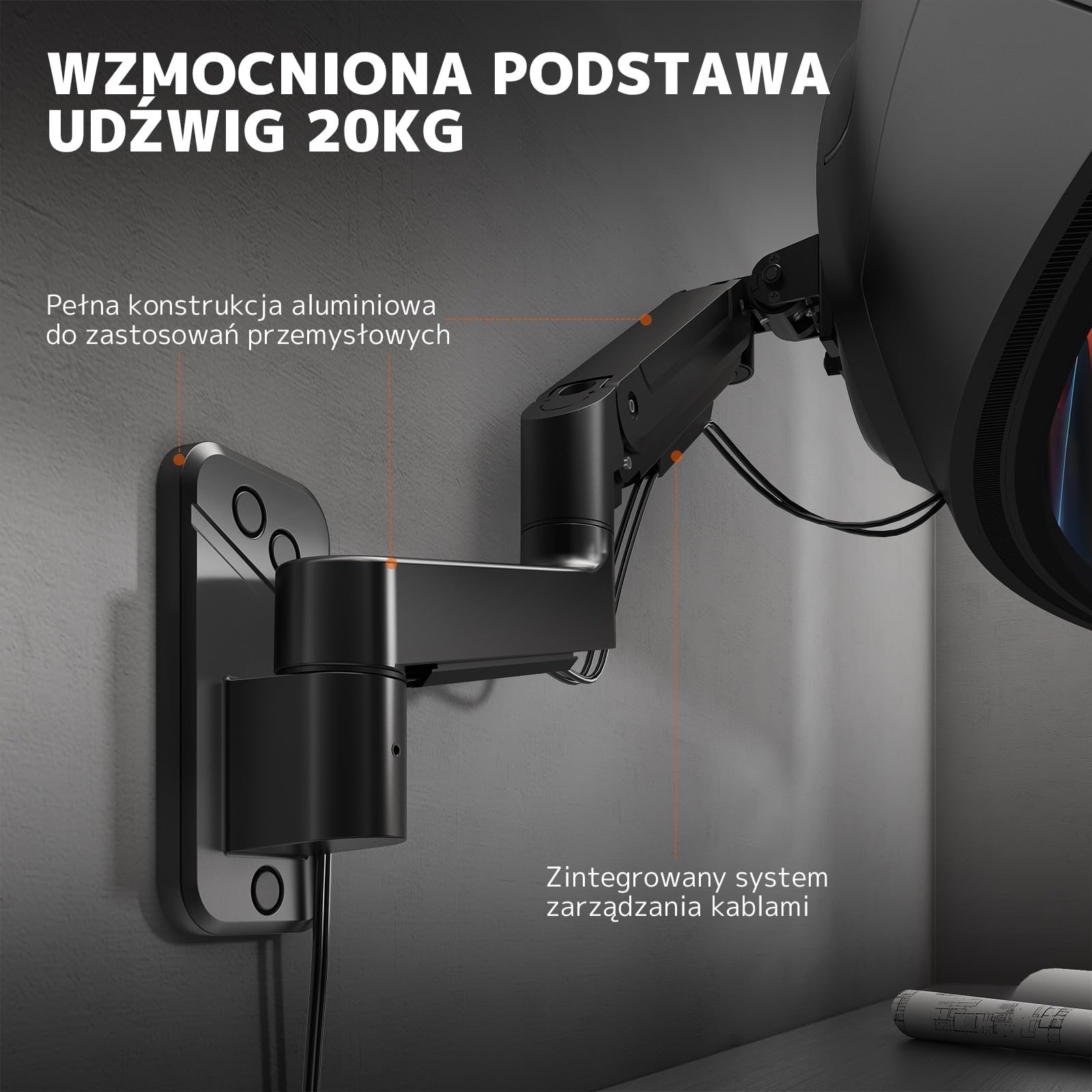 Uchwyt Ścienny do Monitora 17–49 cali, do 20 kg – VESA 75×75/100×100 – Regulacja: Pochylenie, Obrót, Rotacja & Wysokość – Wysuwane Ramię ze Sprężyną Gazową
