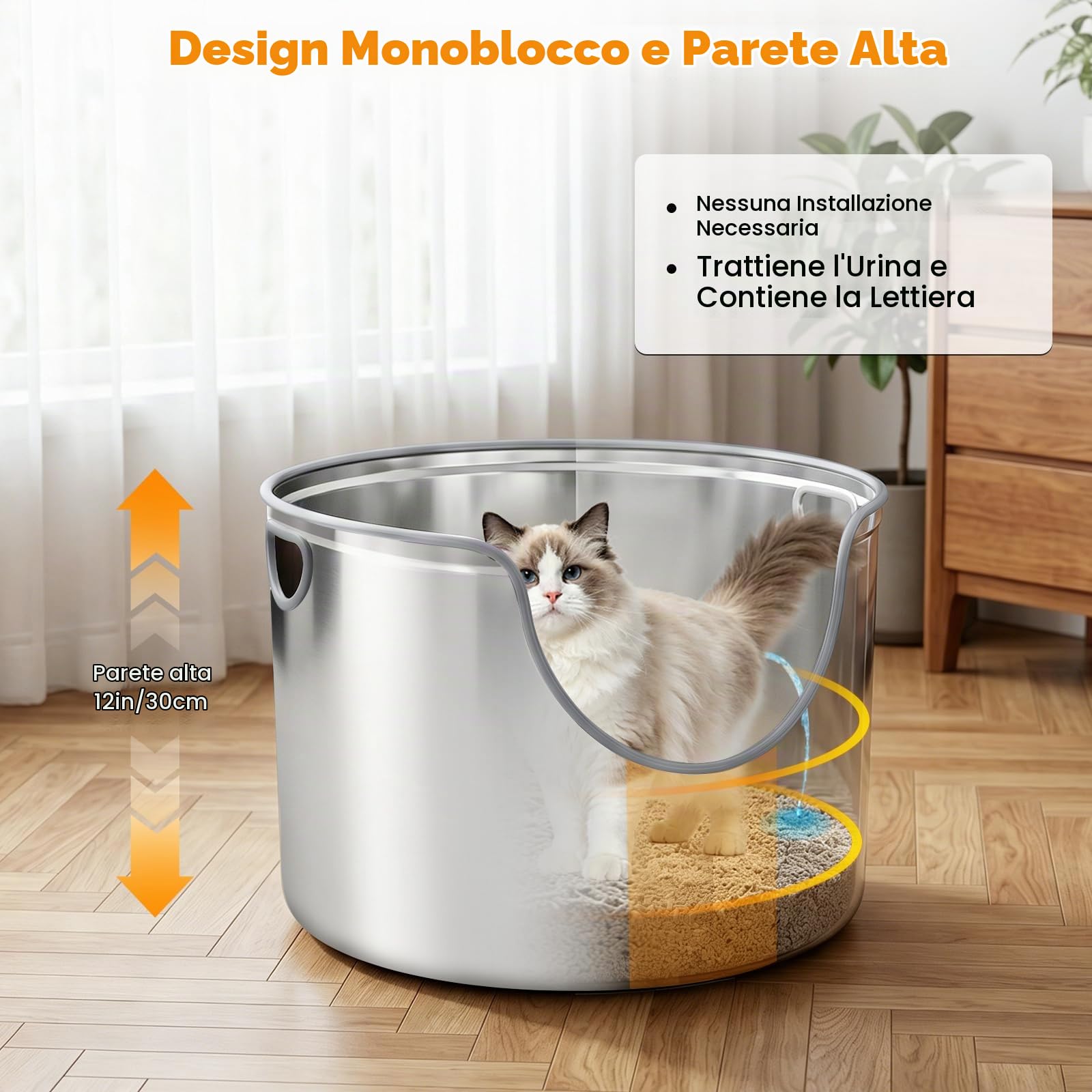 Homegroove Lettiera rotonda in acciaio inossidabile, 45 x 30,5 cm, con bordi alti, in metallo, per gatti di grandi dimensioni, anti-perdite e facile da pulire, con paletta in metallo (acciaio