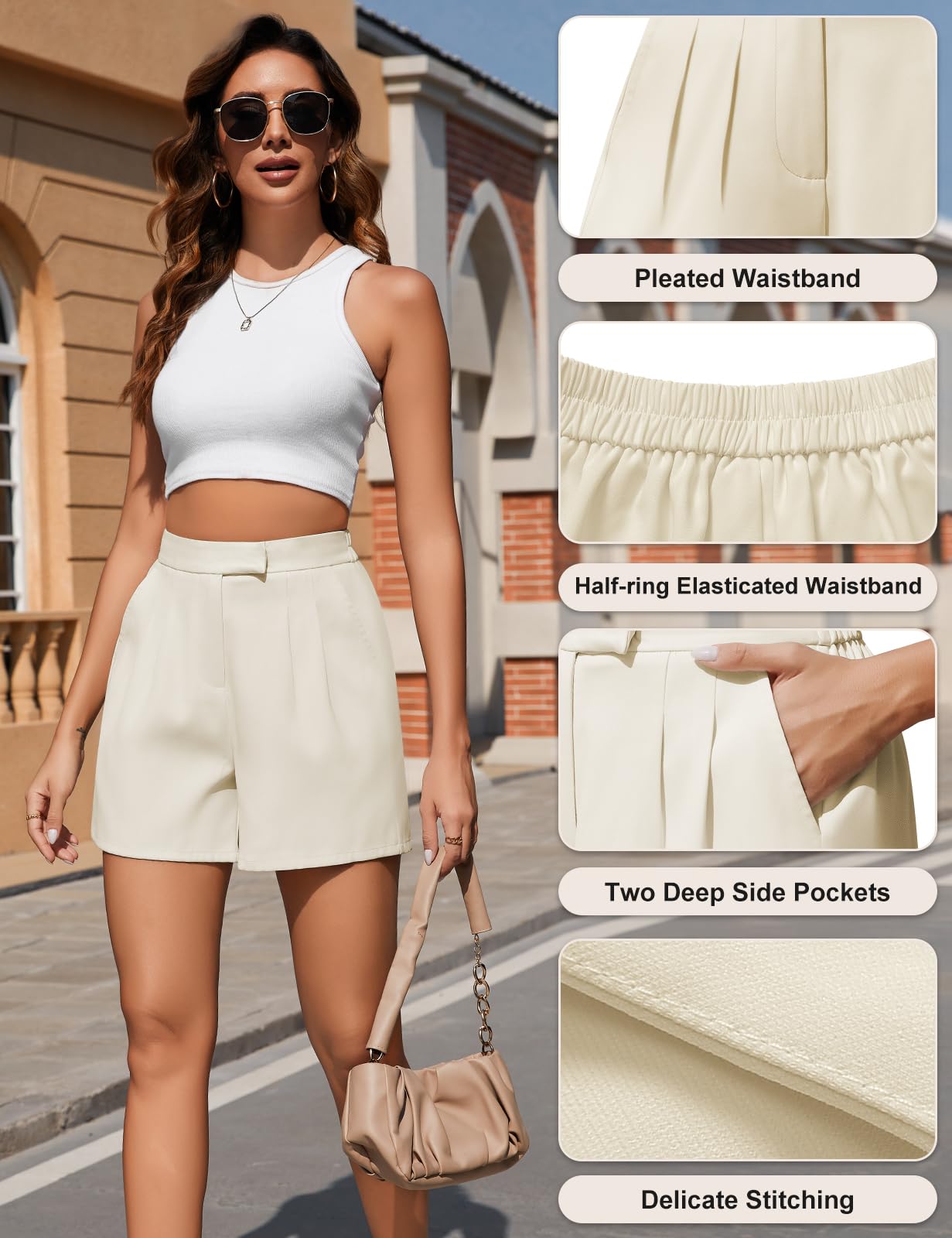 Xnova Pantaloncini da Donna Eleganti e Casual a Gamba Larga, Loose Shorts Vita Alta con Tasche Laterali, Pantaloni Corti con Chiusura Lampo Estivi