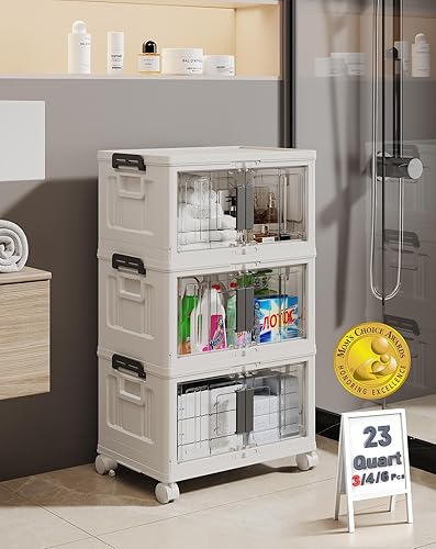Miniatura 11 de OlarHike 76QT - Contenedores de almacenamiento apilables con tapas, caja de almacenamiento plegable con puertas y ruedas, contenedores de plástico