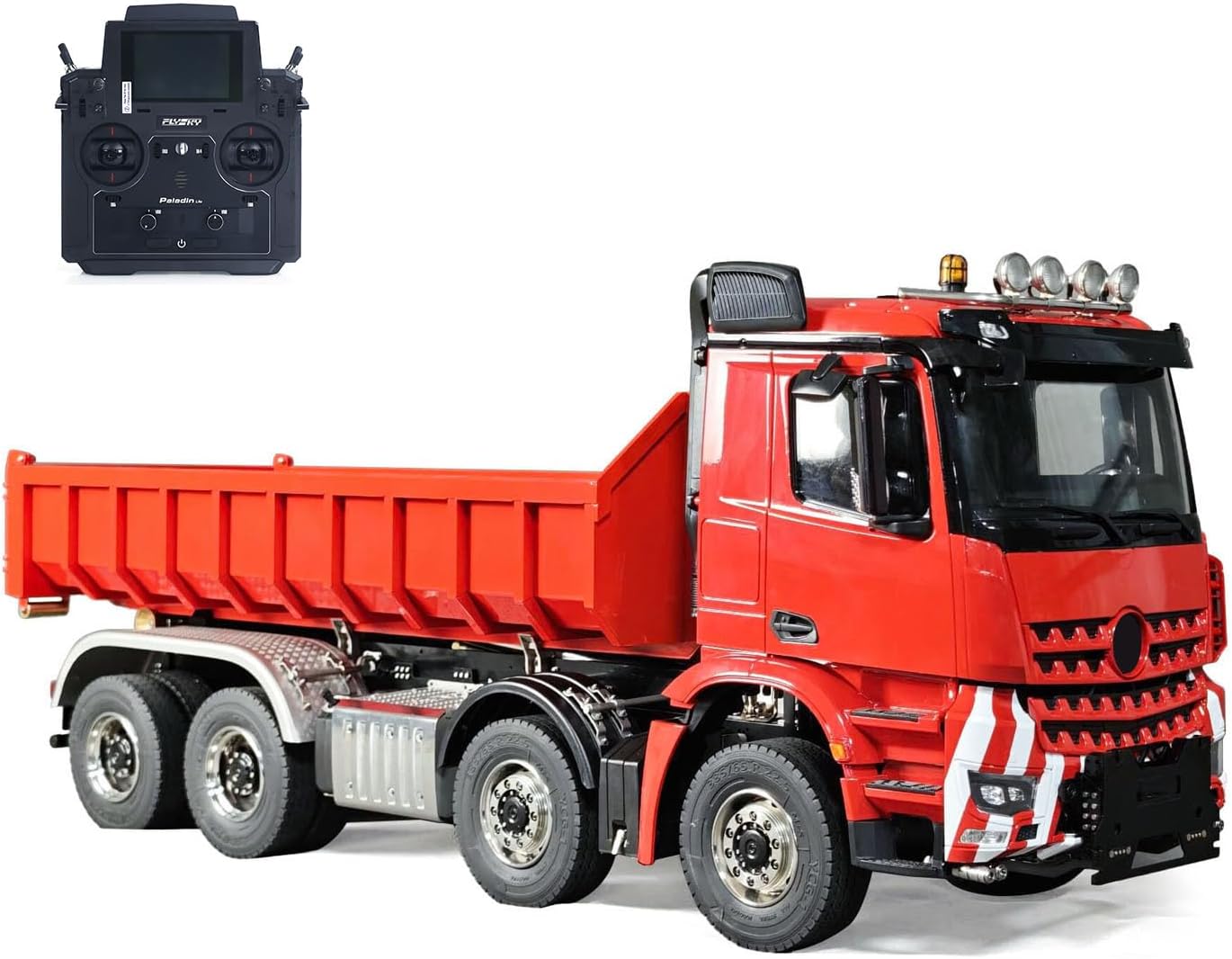 8X8 1/14 Remote Control Hydraulic Roll On Off Dumper 5 Valves RC Full Tipper 3Speed Transmission Light System Sound No Battery Hobby Grade Model for Ages 14+