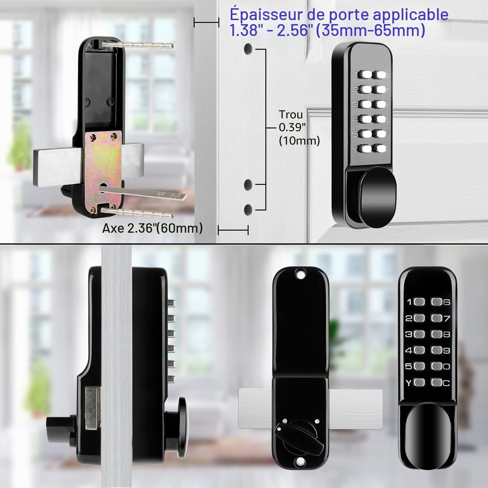 Serrure de porte 100 % mécanique en acier inoxydable avec pavés numériques, serrure de porte d'entrée sans clé, serrure à pêne dormant avec poignée, ensemble de serrures de porte d'entrée à