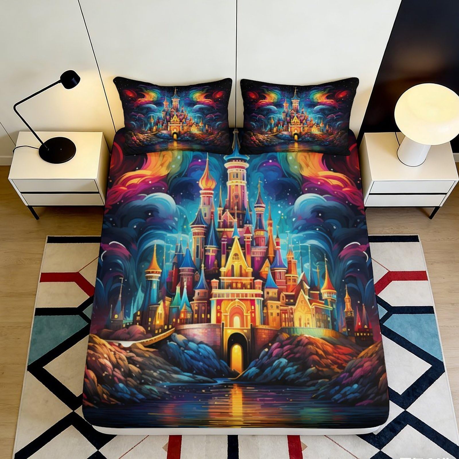 3D Printed Fantasy Castle Fitted Sheet Microfiber Soft Colorful Night Sky Bed Cover for Bedroom Dorm Mattress Decor 90x200x25cm