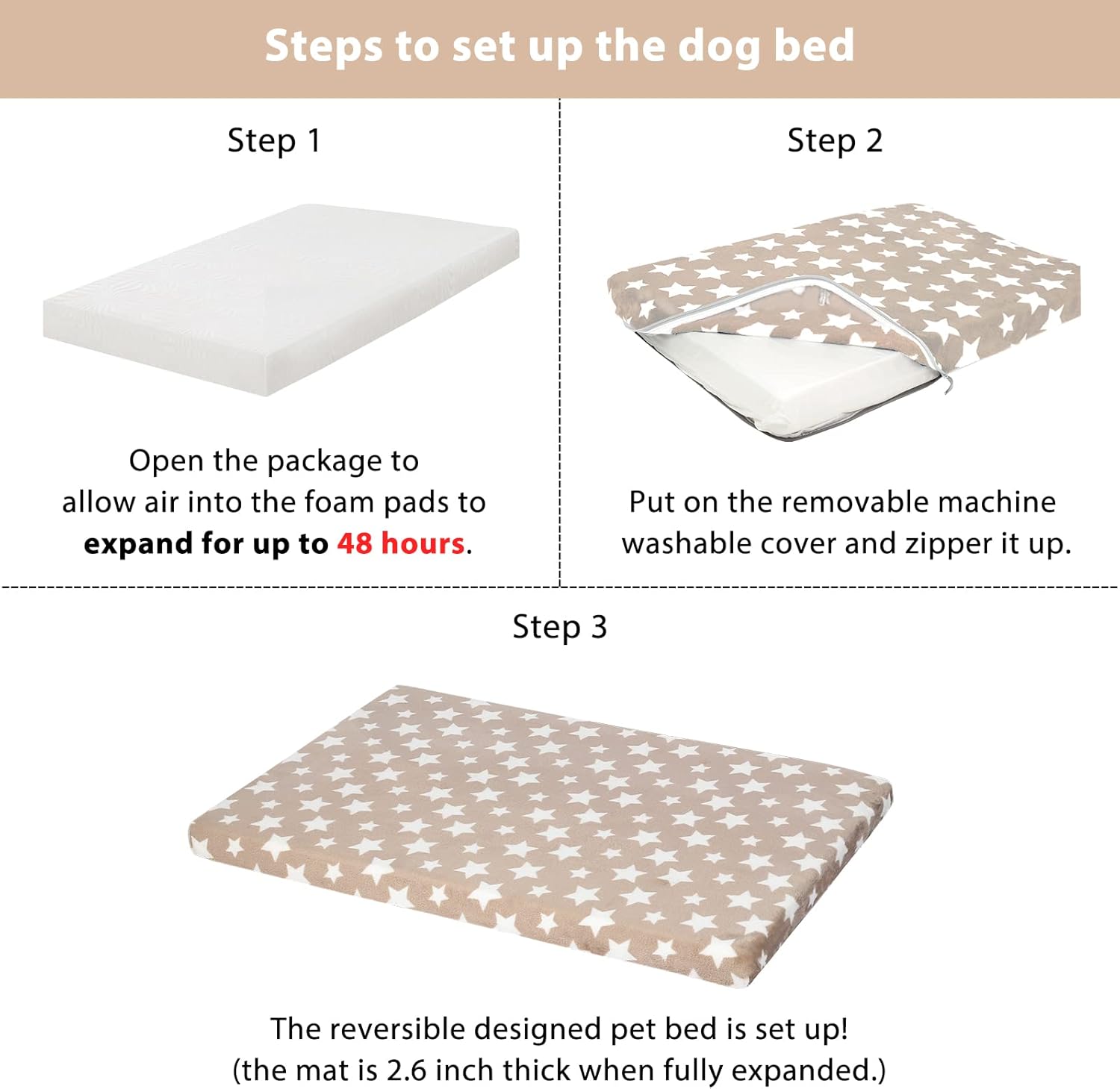 EMPSIGN Waterproof Dog Bed Crate Mat, Dog Bed Mat Reversible (Warm & Cool), Removable Washable Cover, Waterproof Liner & High Density Foam, Pet Bed Mattress for Small to XX-Large Dogs, Beige, Star : Pet Supplies