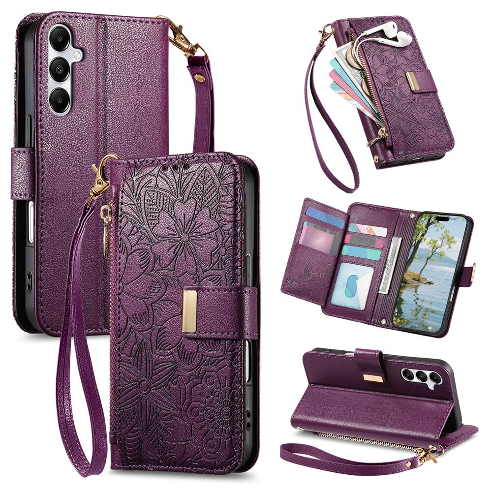Étui portefeuille en cuir violet Oppo A38 4G zippé à rabat - 8