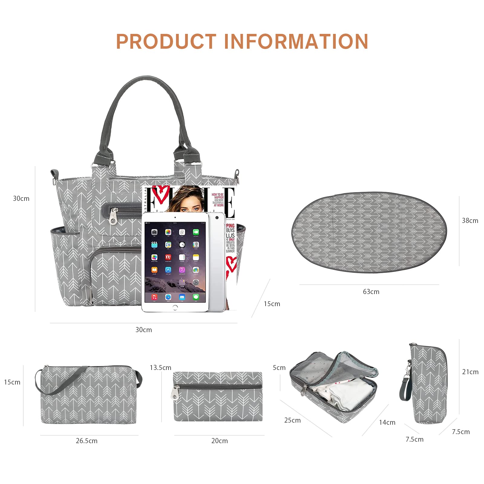 SONARIN Set de 7 Bolsa de Pañales para Bebés,Bolso Cambiador de Pañales Multifunción Bolsa Mamá Bolsa de Hombro Bolsa de Viaje para Pañales con Cambiador y Ganchos Carrito Bebé