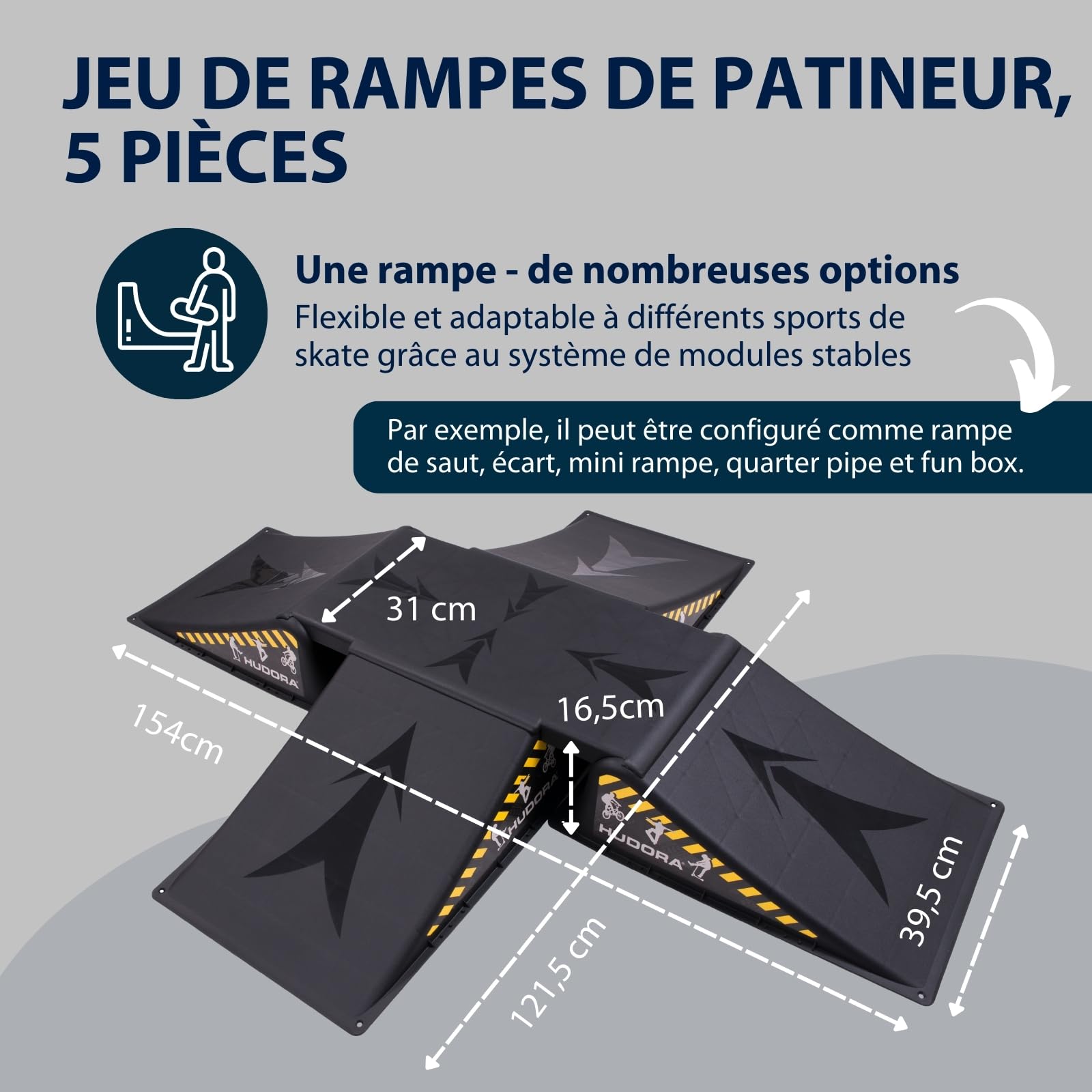 HUDORA Rampe de Skate - Set de 3/5 rampes de Skateboard pour la Cour & Le Jardin - Mini Rampe Polyvalente en Plastique pour Enfants & Ados jusqu'à 60/80kg - Equipement de Skatepark pour chez soi