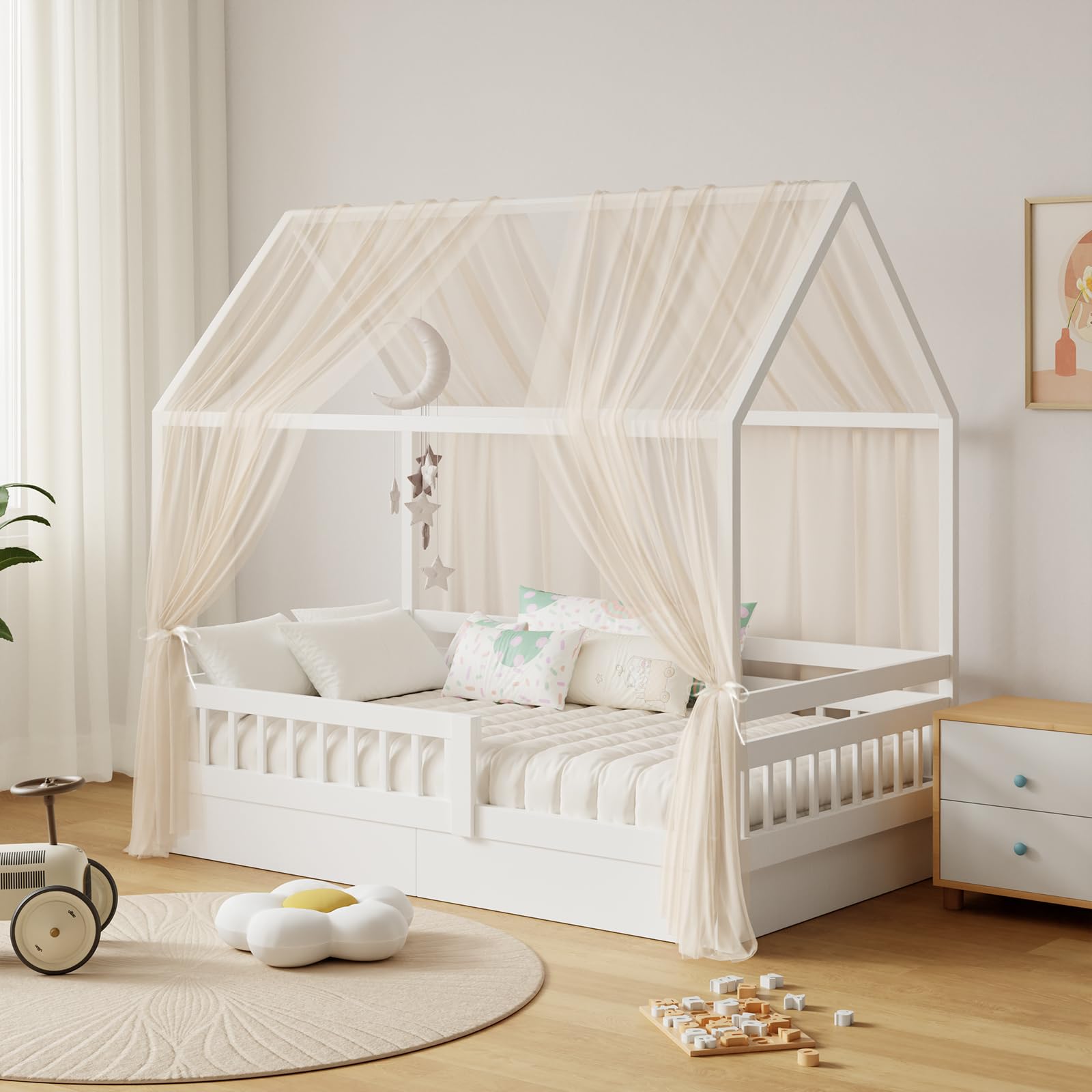 GFCC Hausbett Himmel Vorhänge 2er Set, Tüll Betthimmel Himmelbett für Hausbett Deko & Himmel für Kinderbett Mädchen & Jungen, 148x350cm Beige