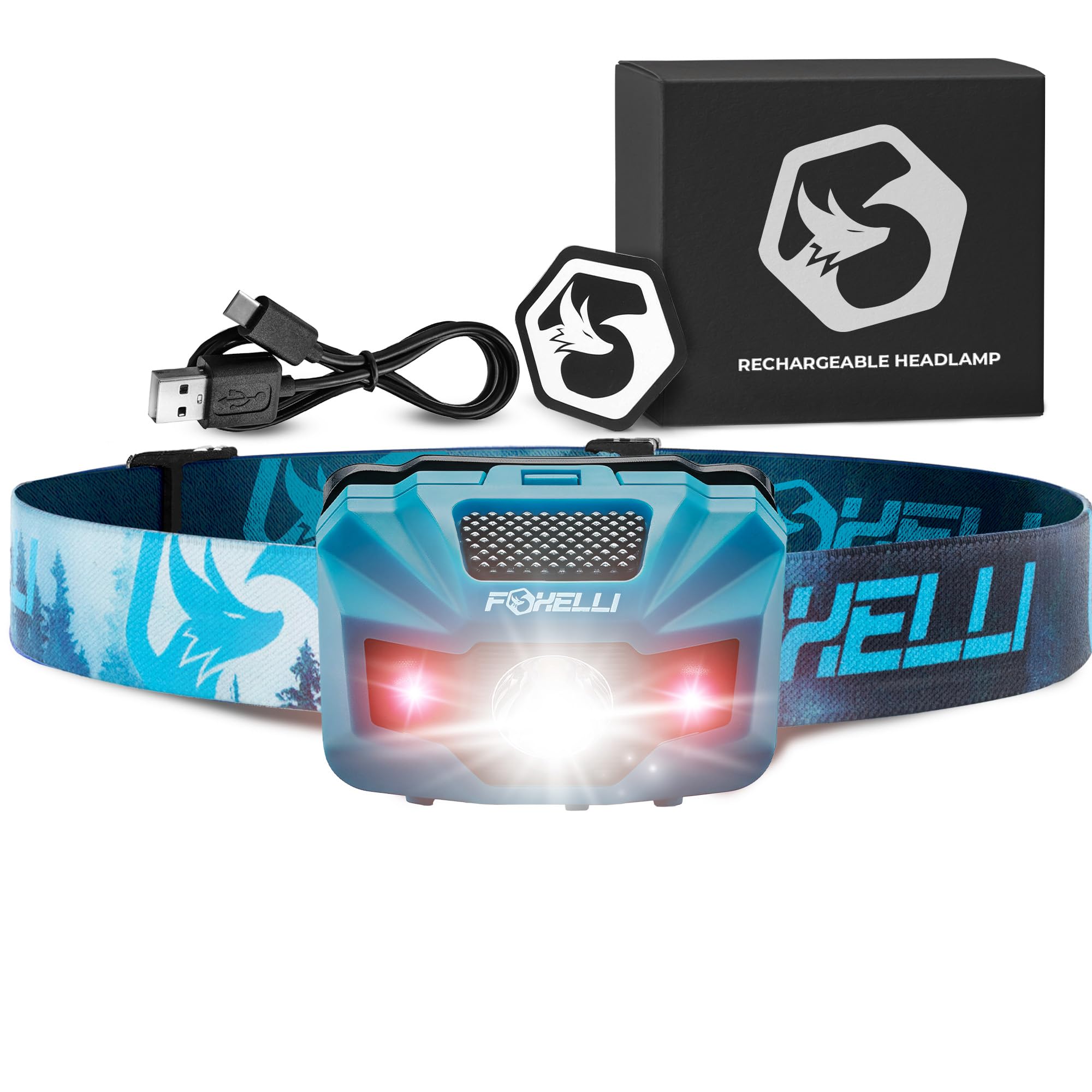 Foxelli LED Head Torch Rechargeable – Ultralight USB-C Rechargeable Headtorch for Adults & Kids, Waterproof Headlamp with Red Light for Running, Camping, Fishing & Outdoors