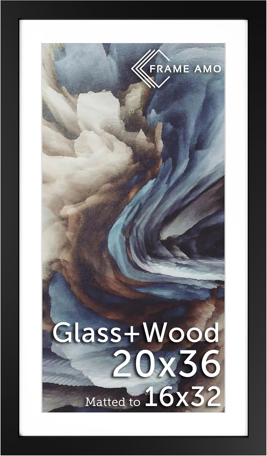 Frame Amo 20x36 Black Solid Wood Poster Frame, White Mat for 16x32 Image, Tempered Glass Front, 1.5 inch Wide, 1 inch Thick, High-End, Heavy-Duty, Gallery Grade & Acid-Free