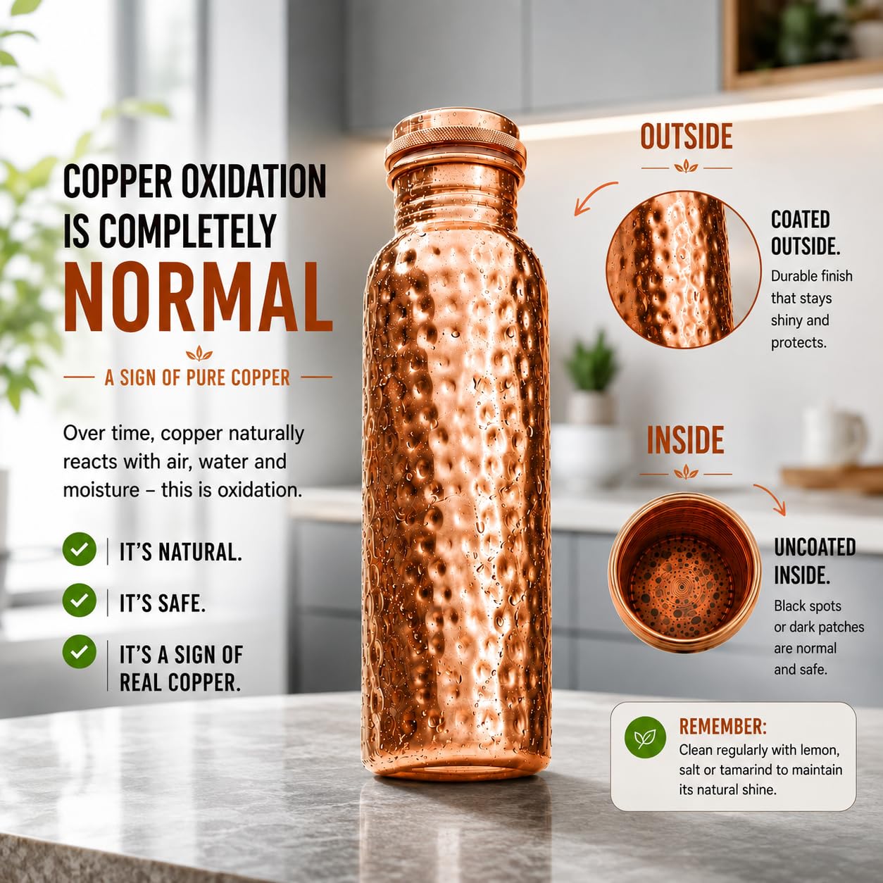 Bold & Divine Premium-Wasserflasche aus reinem Kupfer, gehämmert, Ayurvedische gesundheitliche Vorteile, handgefertigtes Kupfer-Wassergefäß, auslaufsicheres Design, rostfrei, inklusive Tragetasche aus