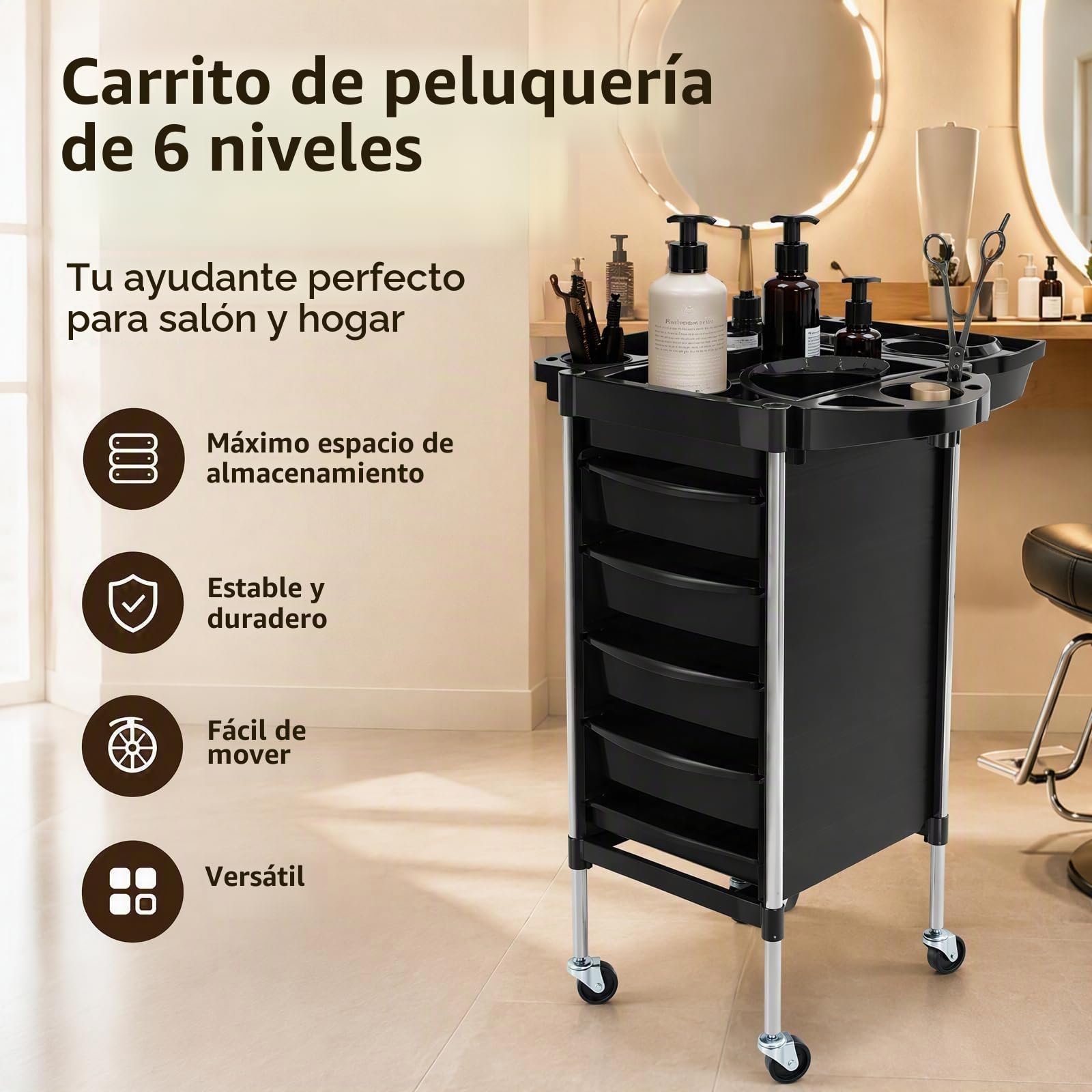 Carrito de peluquería de 6 pisos, carrito de peluquería, con 5 cajones, carrito de trabajo para peluquería, peluquería, peluquería, spa