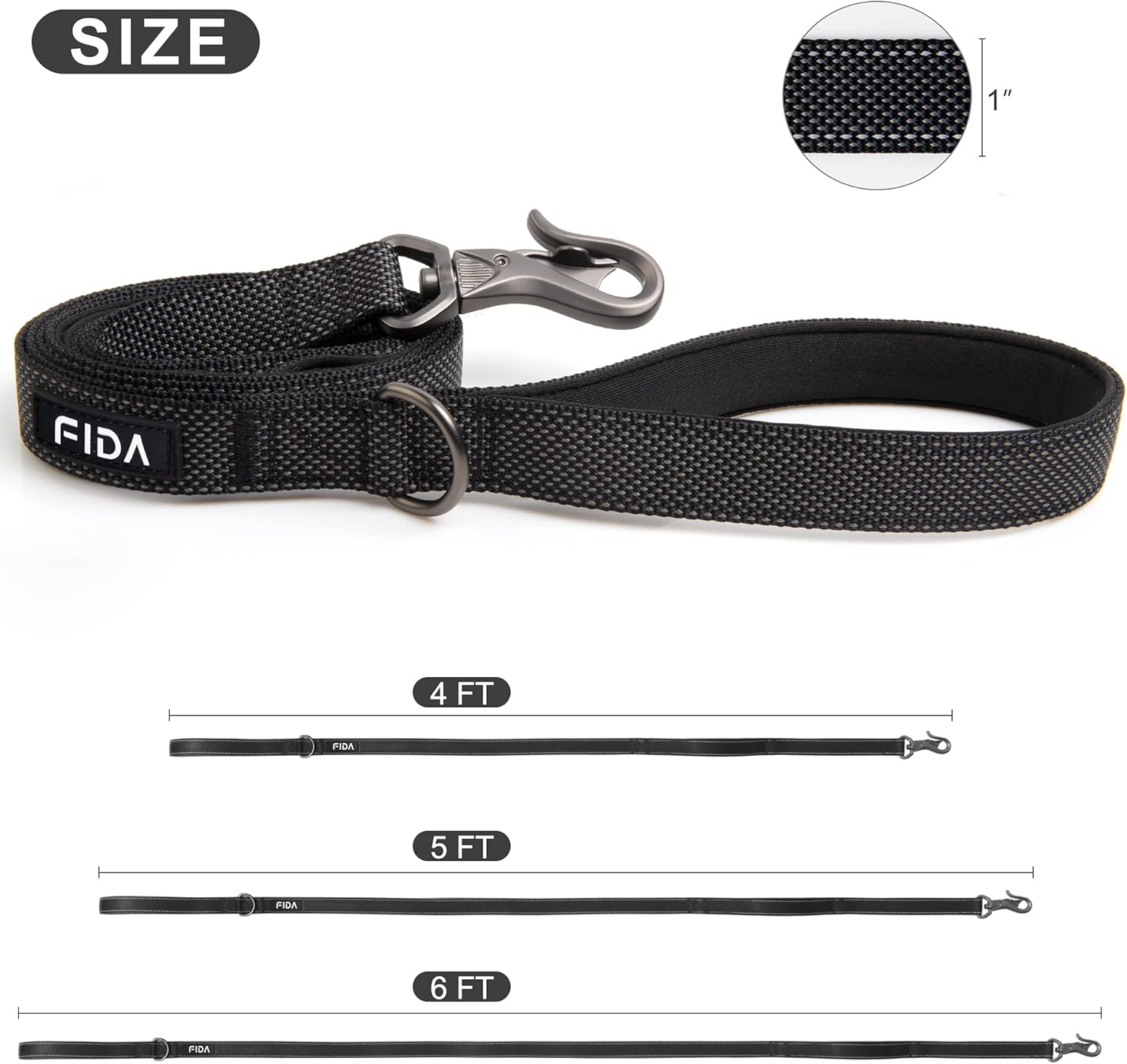 Fida 6 FT Heavy Duty Dog Leash with 2 Comfortable Padded Handles, Traffic Handle & Advanced Easy Snap Hook, Reflective Walking Lead for Large, Medium & Small Breed Dogs, Black : Pet Supplies