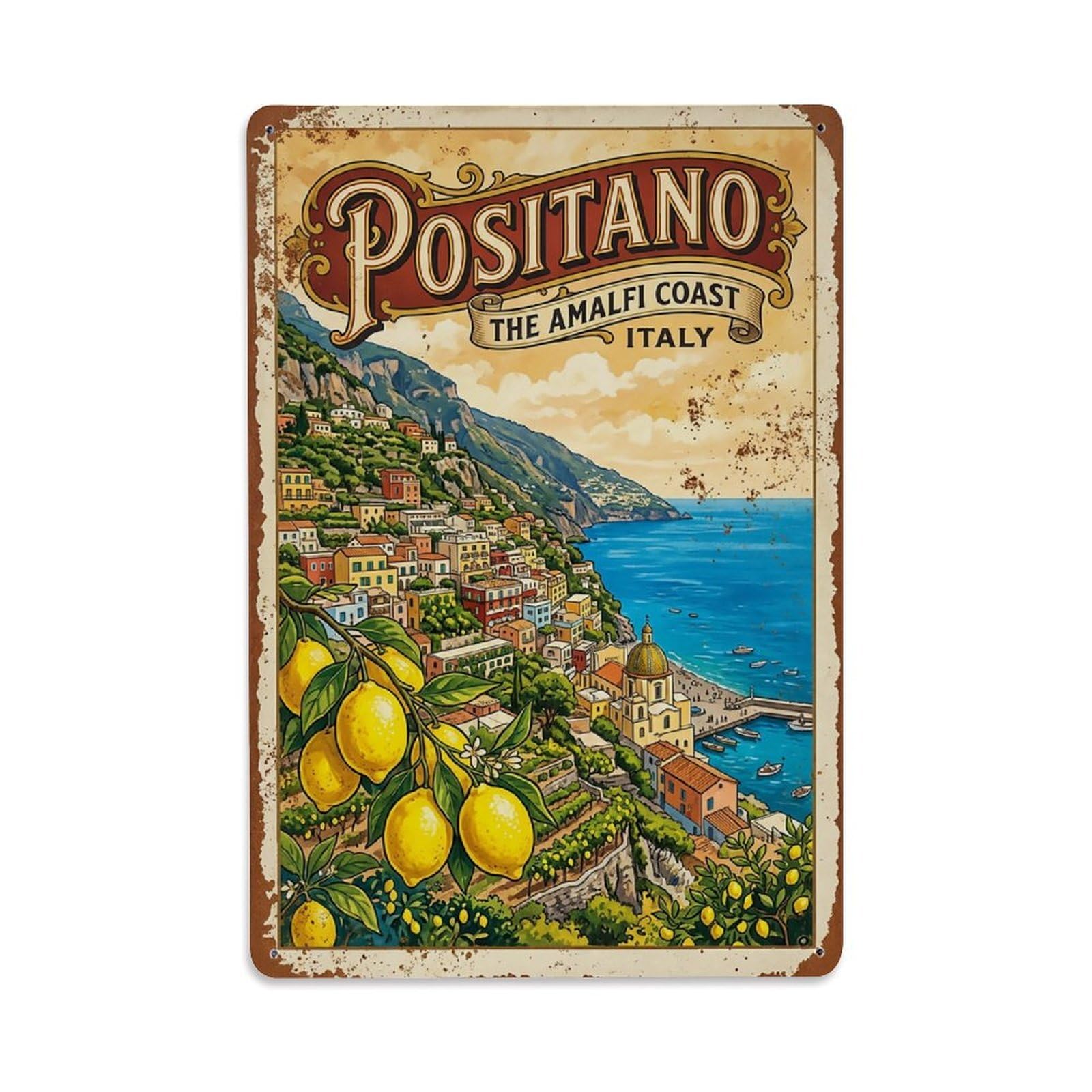 Huiyhb 8X12inch(20X30cm) Vintage Travel Positano Italy Lemon Grove Coast Metal Tin Sign