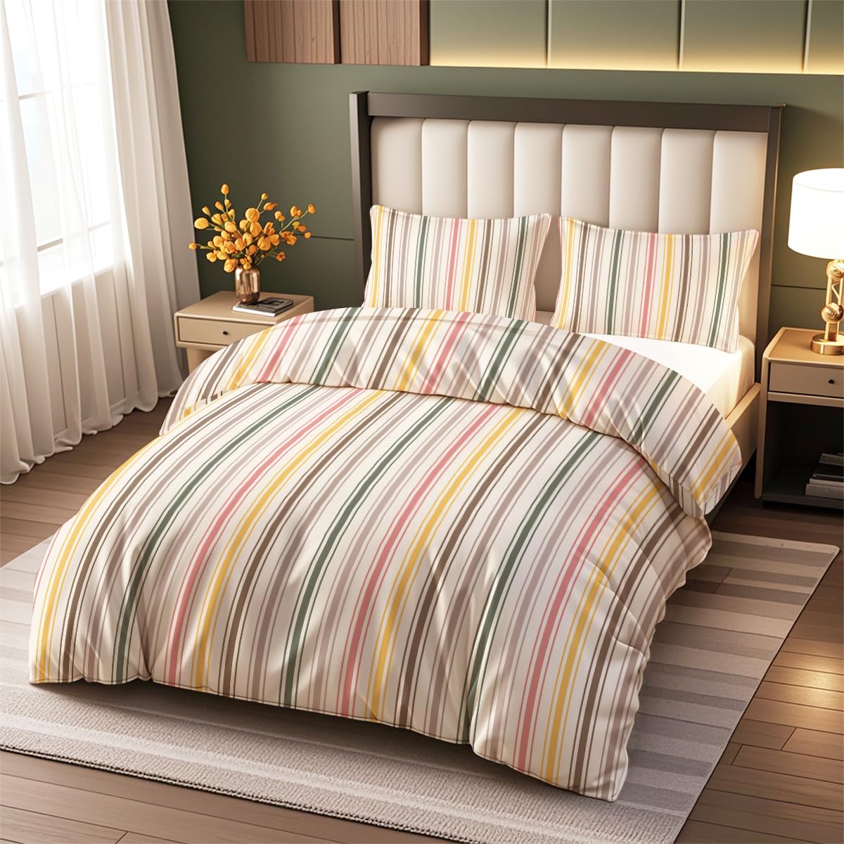 Vryxel Striped Reversible Bedding Double Duvet Cover Set Bed Zipper Beige Green Red Multicolor 200×200CM — image 1