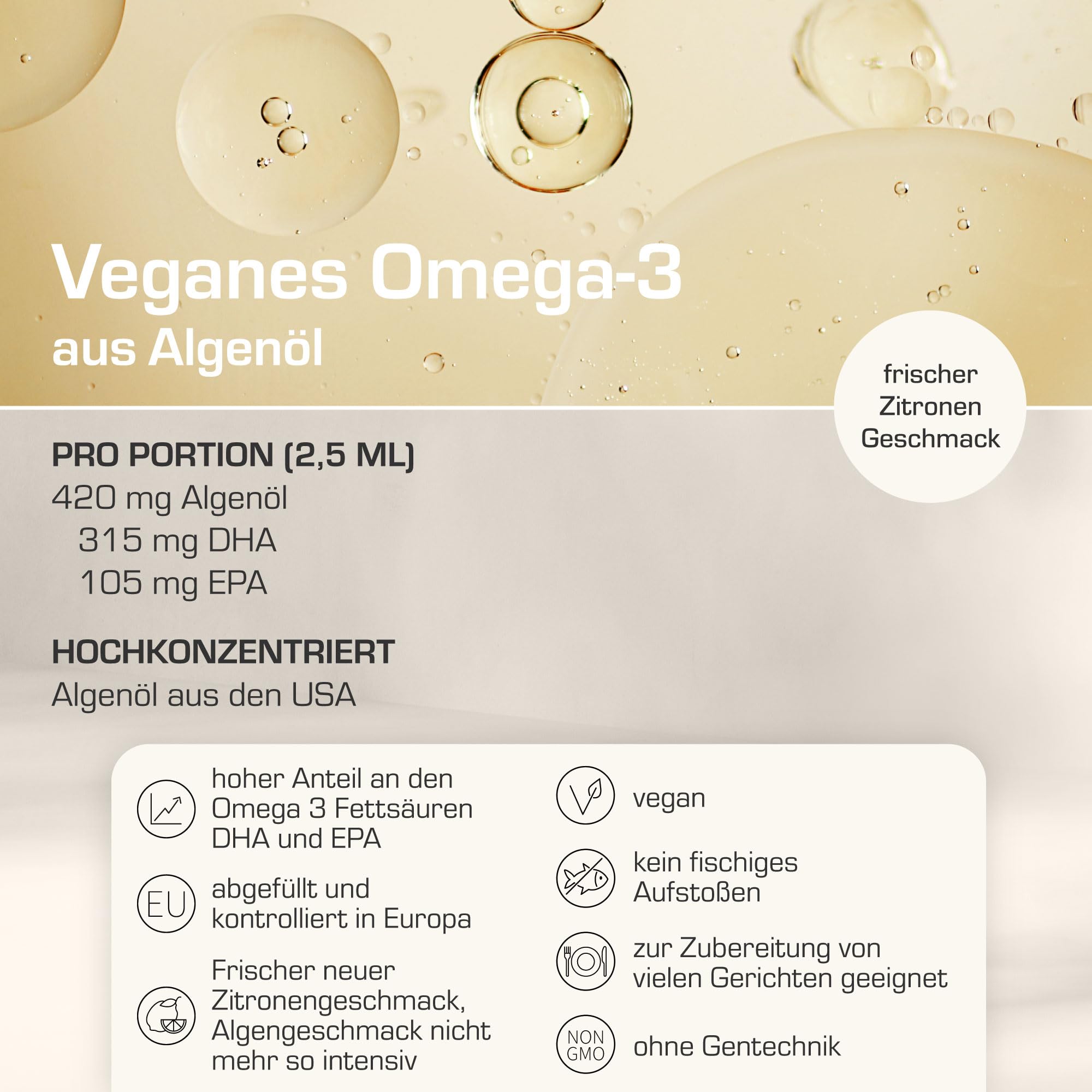 Algenöl flüssig Omega 3 VEGAN | im Glas | Veganes Algenöl | Omega 3 Fettsäuren DHA und EPA | hochdosiert | Hoher EPA Gehalt | 315 mg DHA und 105 mg EPA (Packung mit 2)
