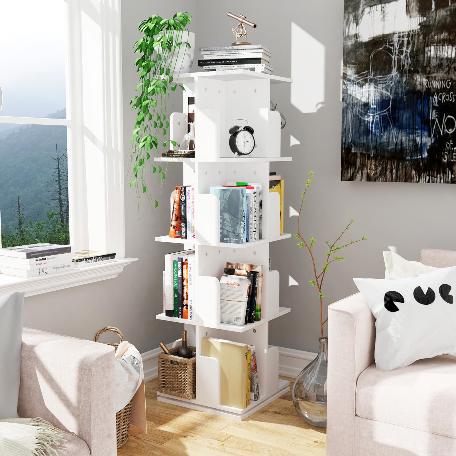 Libreria Girevole, Scaffale, Libreria Girevole 360 Gradi, 4 Livelli 16 Scomparti, Verticale, per Soggiorno, Camera da letto, Ufficio, Bianca 40x40x130cm