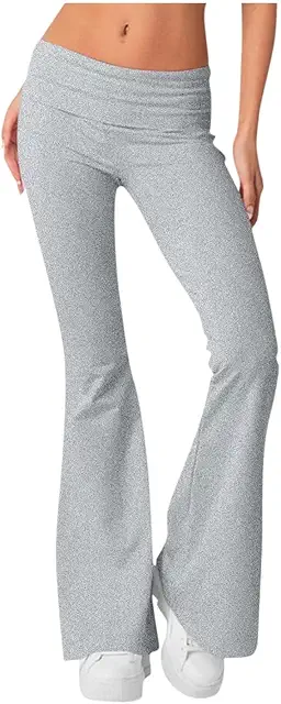 Women's Low Rise Gray Flare Leggings - Fold Over Bootcut Yoga Pants