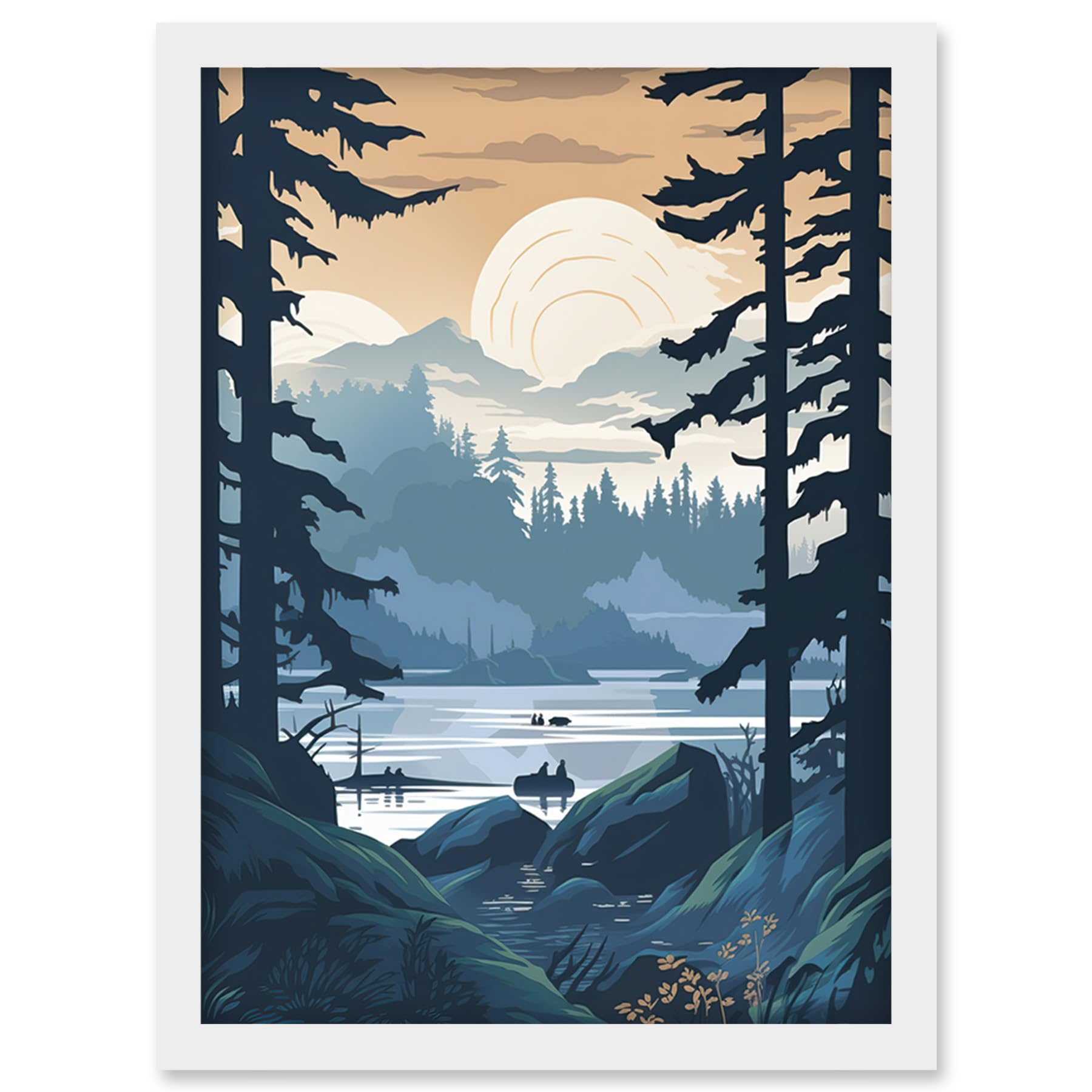 Artery8 Lake View in Rainforest Landscape Illustration Artwork Framed Wall Art Print A4