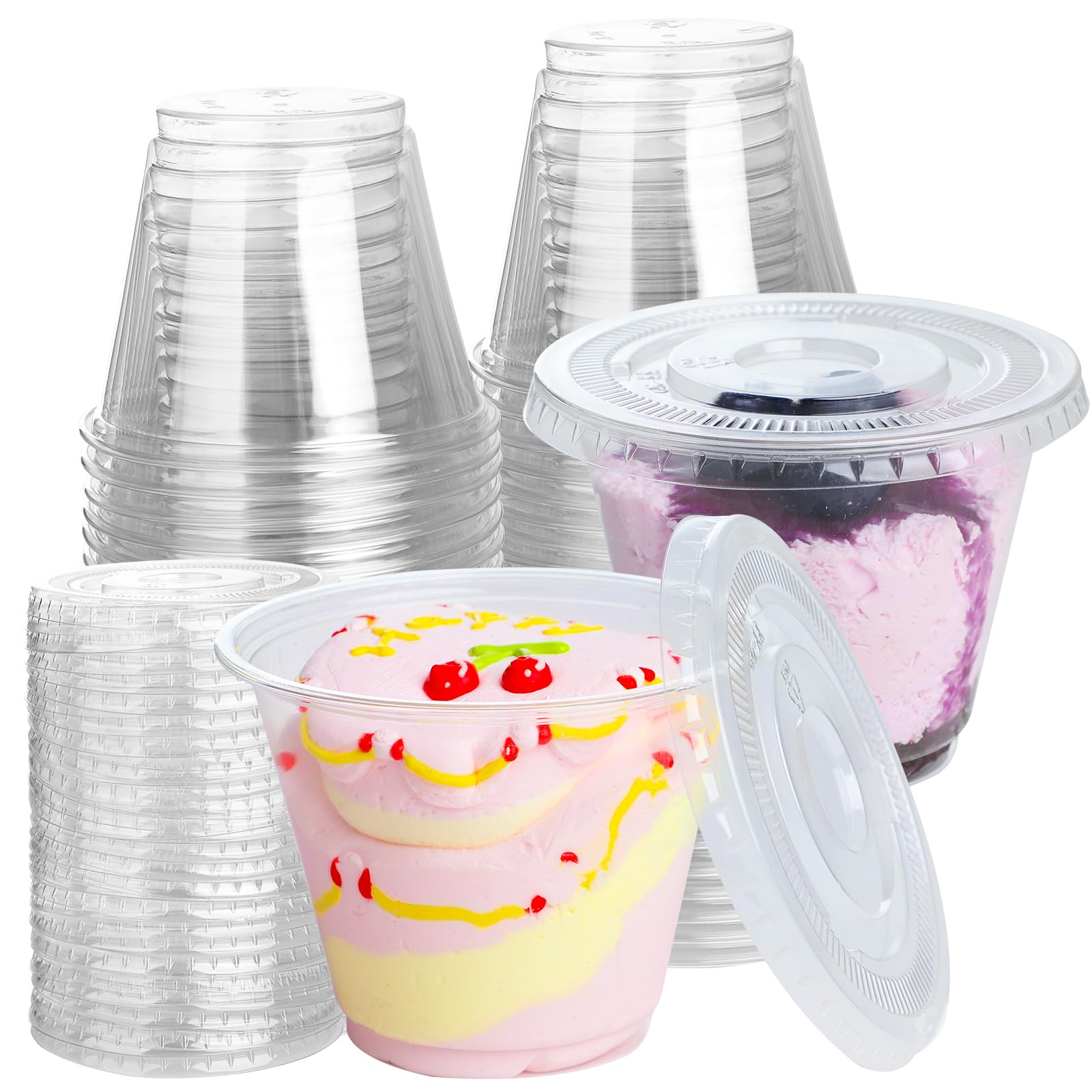 Vasos de Postre de Plástico con Tapas 50 Piezas Tazas de Postre Redondas 10oz Vasitos para Postres Reutilizables Transparentes para Fiesta de Mousse Pudín